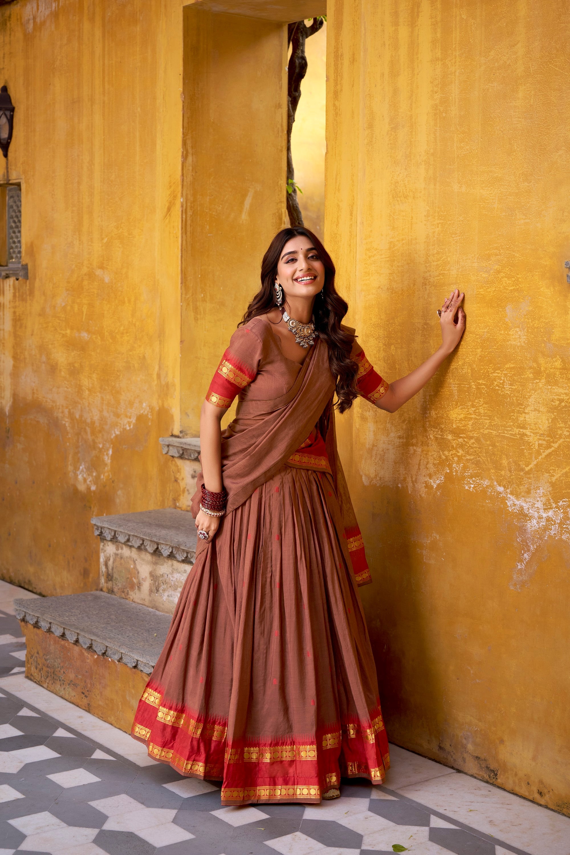 Lorenvalley Fashion Brown Pure Chanderi Zari Weaving Work Lehenga Choli with Dupatta - Distacart