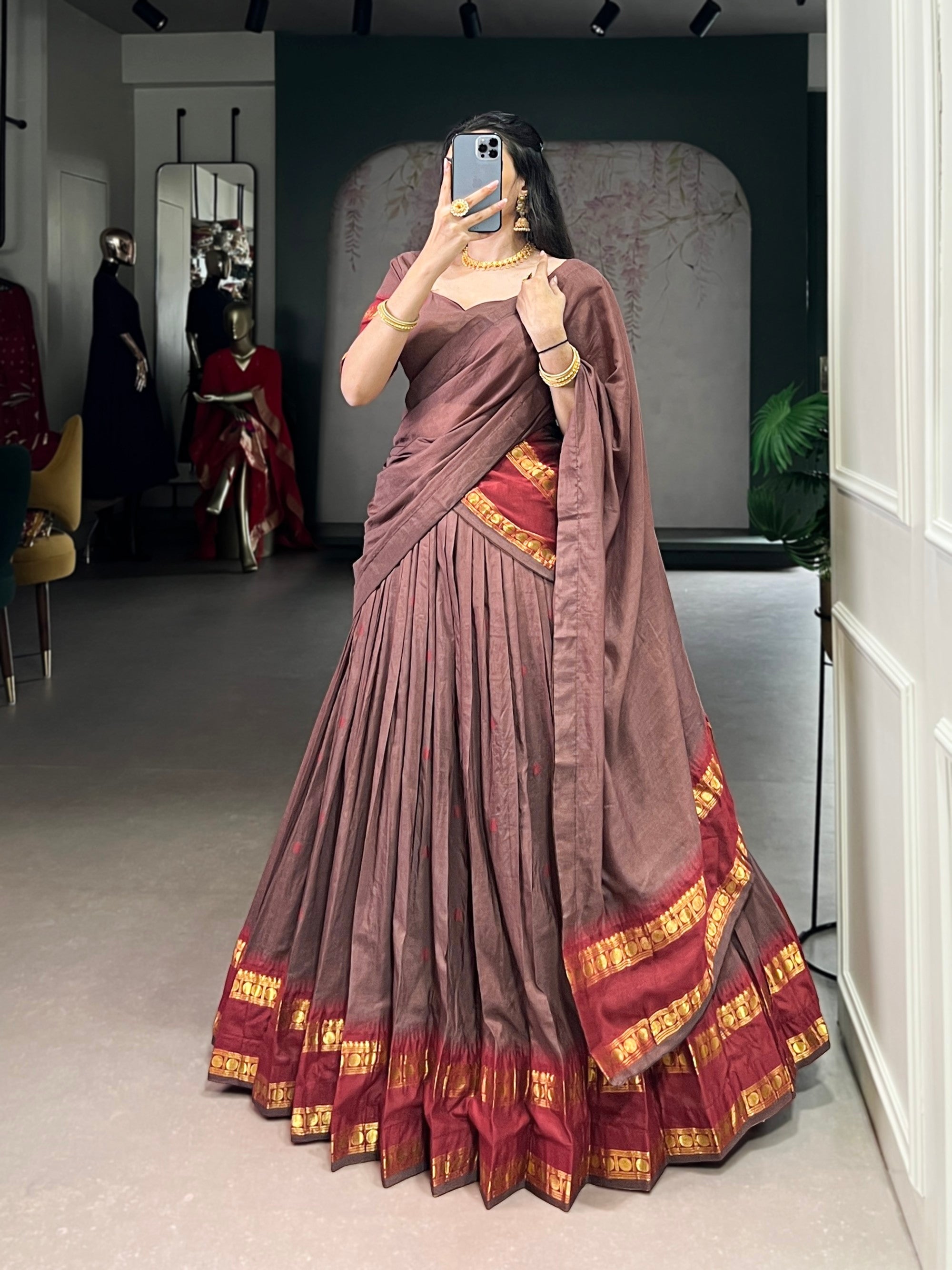 Lorenvalley Fashion Brown Pure Chanderi Zari Weaving Work Lehenga Choli with Dupatta - Distacart