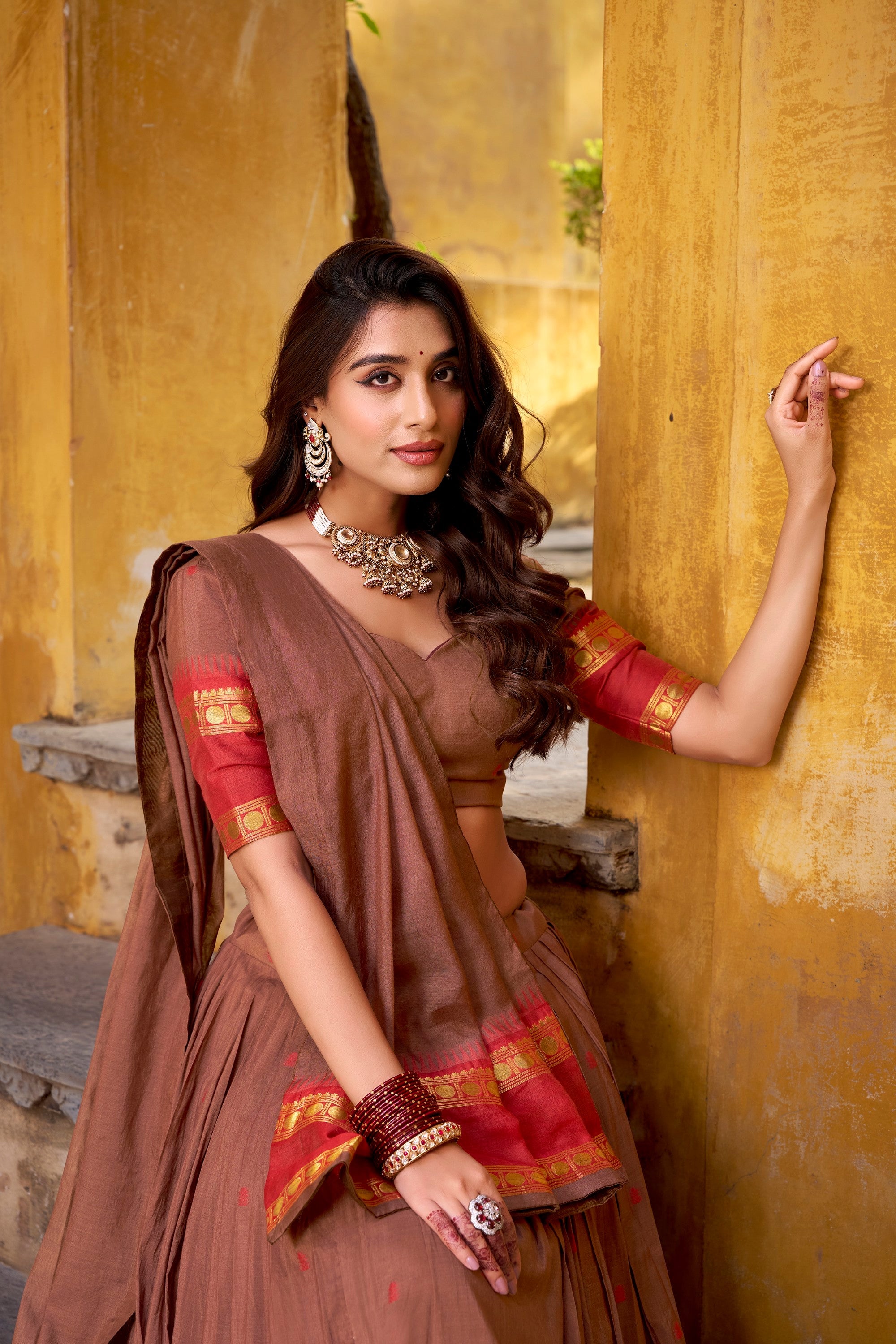 Lorenvalley Fashion Brown Pure Chanderi Zari Weaving Work Lehenga Choli with Dupatta - Distacart