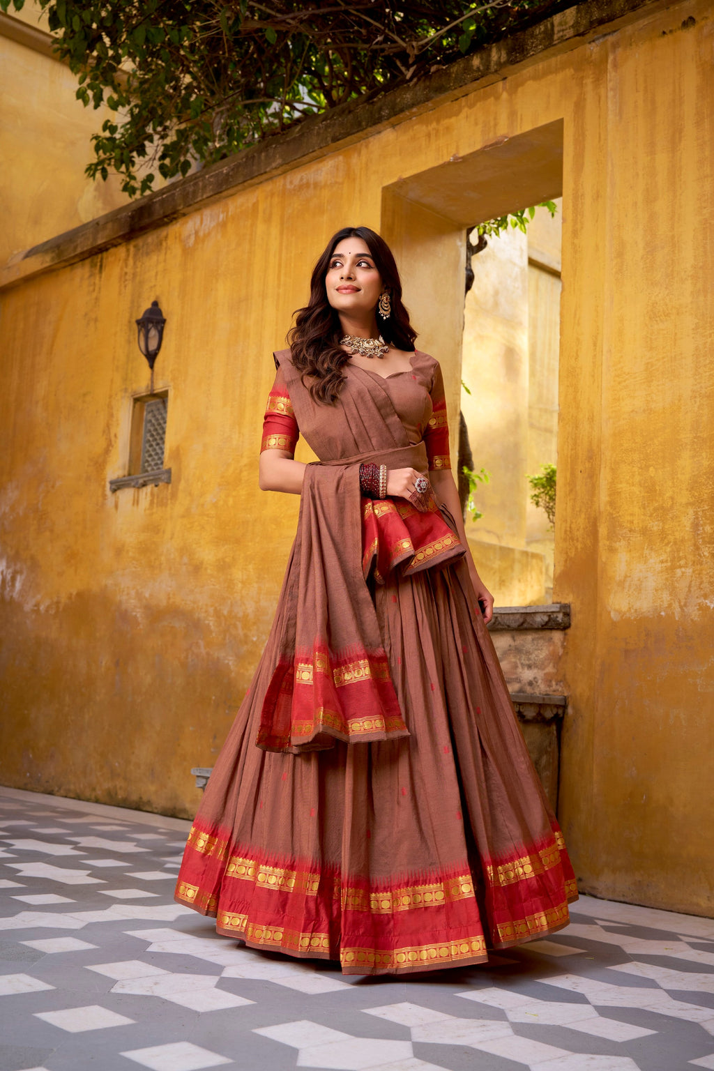 Lorenvalley Fashion Brown Pure Chanderi Zari Weaving Work Lehenga Choli with Dupatta - Distacart