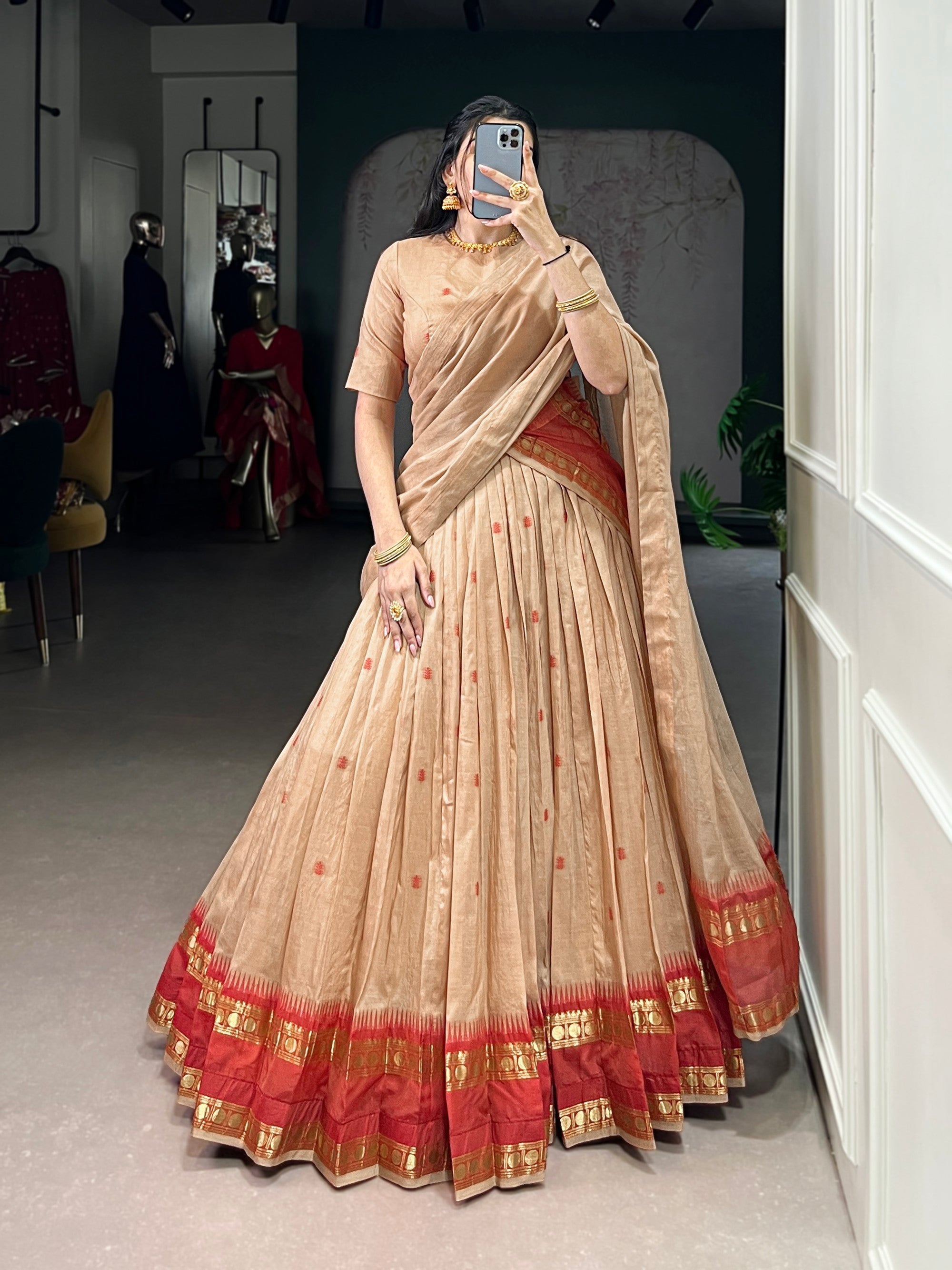 Lorenvalley Fashion Cream Pure Chanderi Zari Weaving Work Lehenga Choli with Dupatta - Distacart