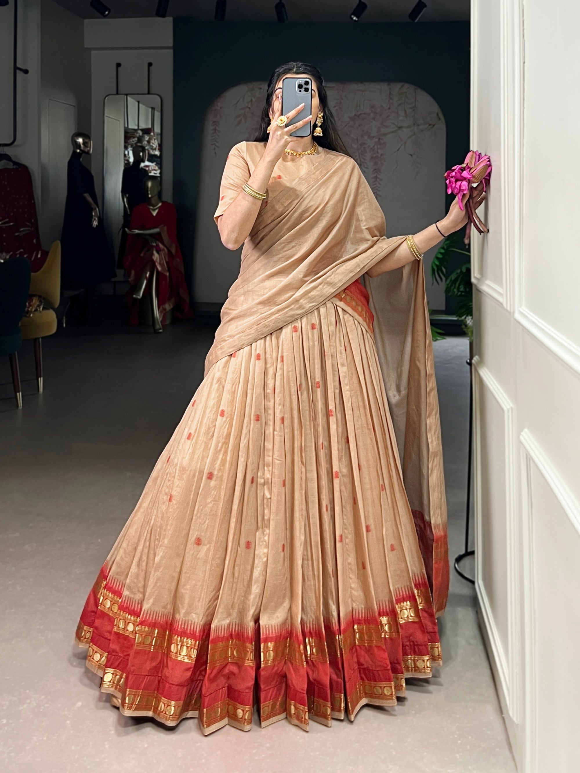 Lorenvalley Fashion Cream Pure Chanderi Zari Weaving Work Lehenga Choli with Dupatta - Distacart