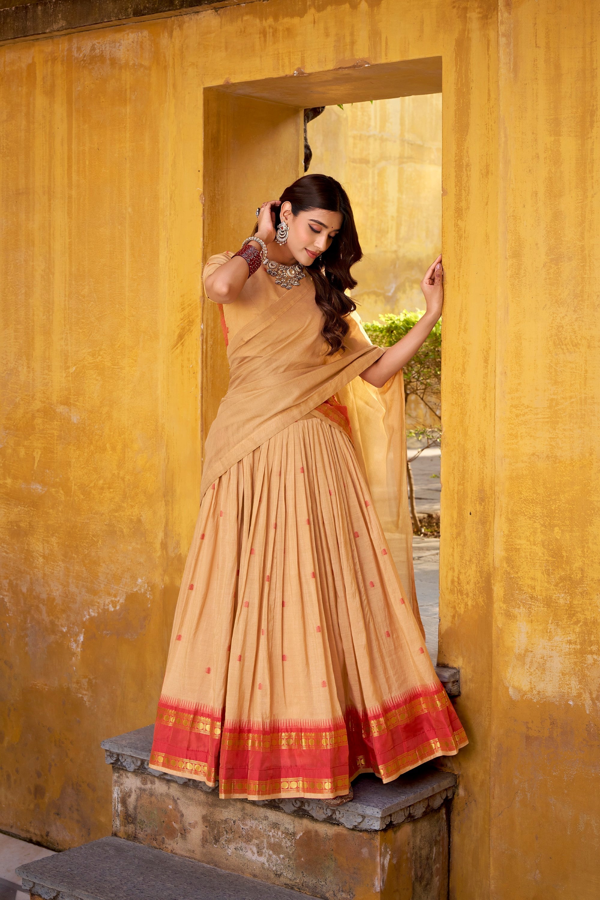 Lorenvalley Fashion Cream Pure Chanderi Zari Weaving Work Lehenga Choli with Dupatta - Distacart