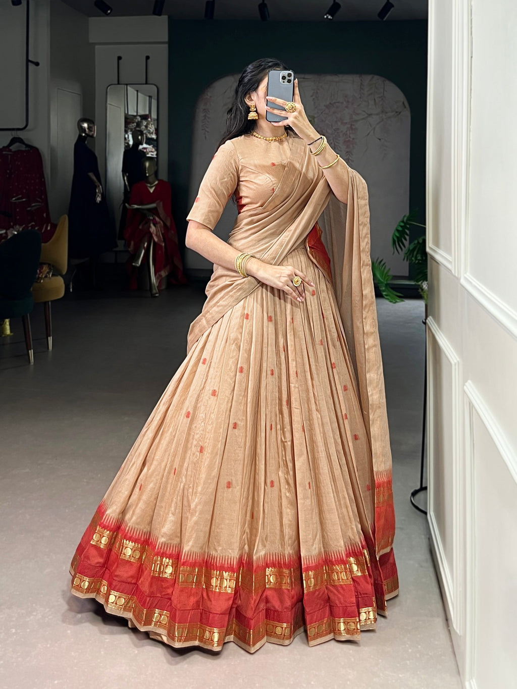 Lorenvalley Fashion Cream Pure Chanderi Zari Weaving Work Lehenga Choli with Dupatta - Distacart