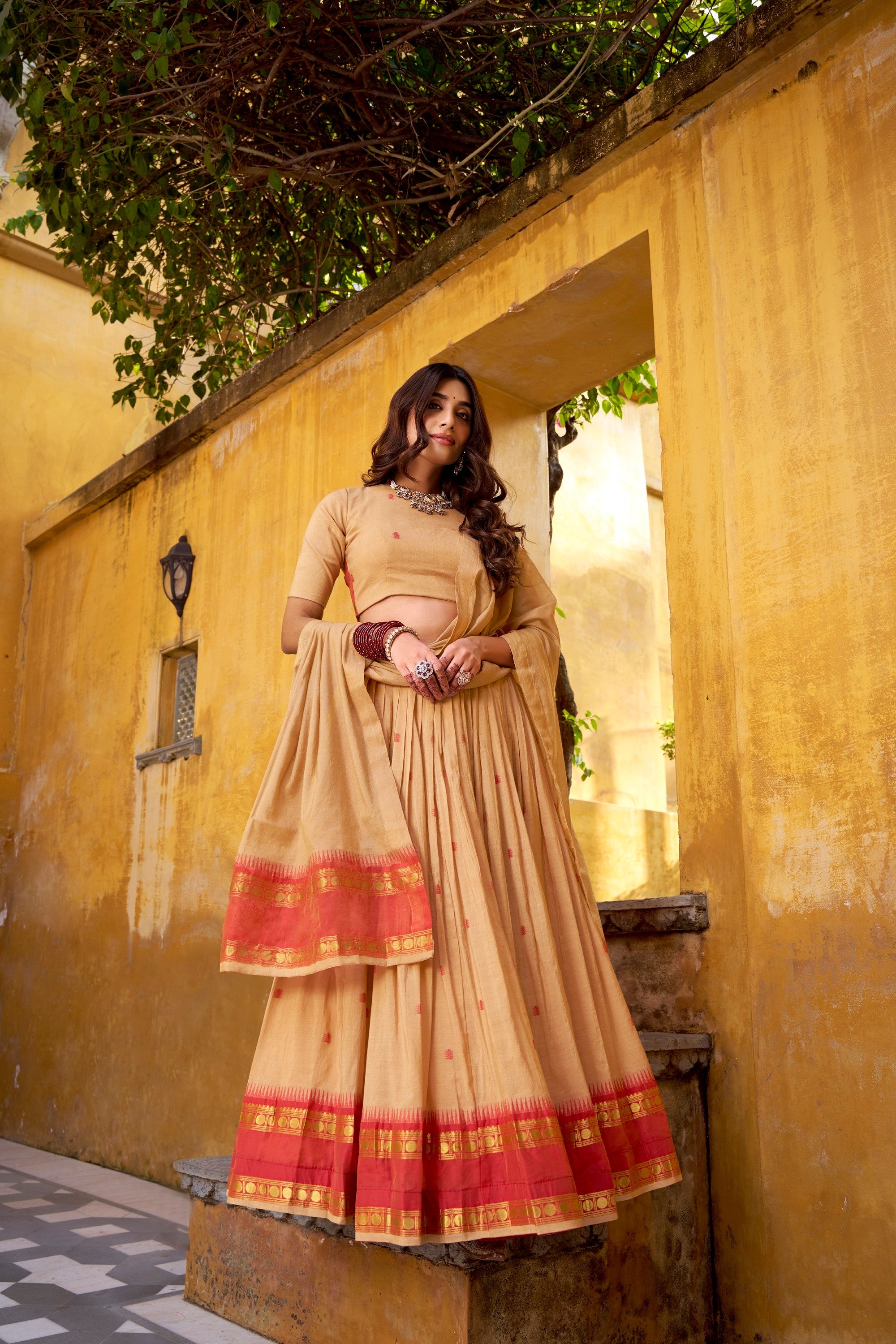Lorenvalley Fashion Cream Pure Chanderi Zari Weaving Work Lehenga Choli with Dupatta - Distacart