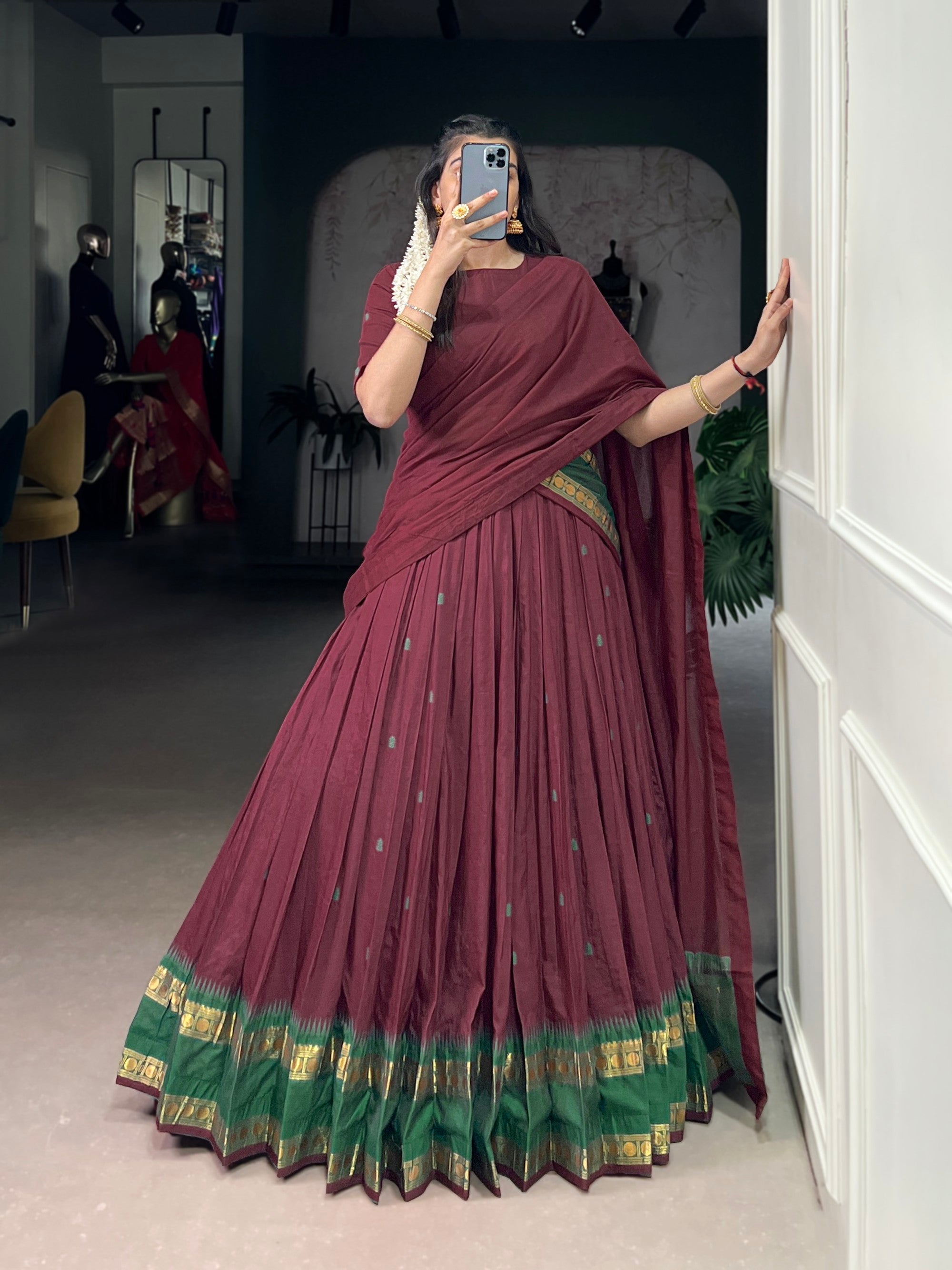 Lorenvalley Fashion Maroon Pure Chanderi Zari Weaving Work Lehenga Choli with Dupatta - Distacart
