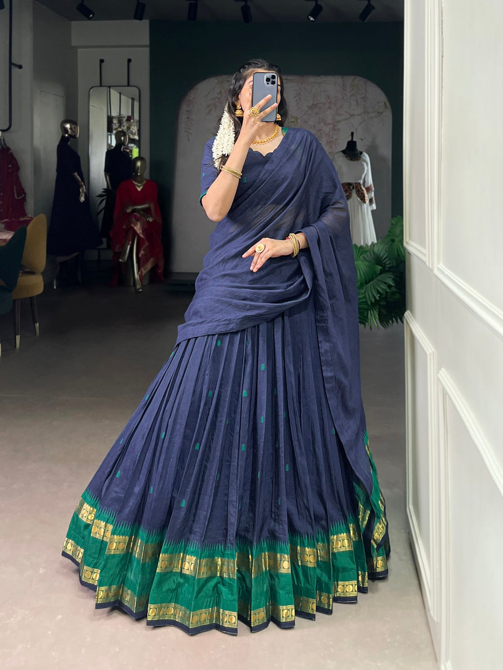 Lorenvalley Fashion Navy Blue Pure Chanderi Zari Weaving Work Lehenga Choli with Dupatta - Distacart