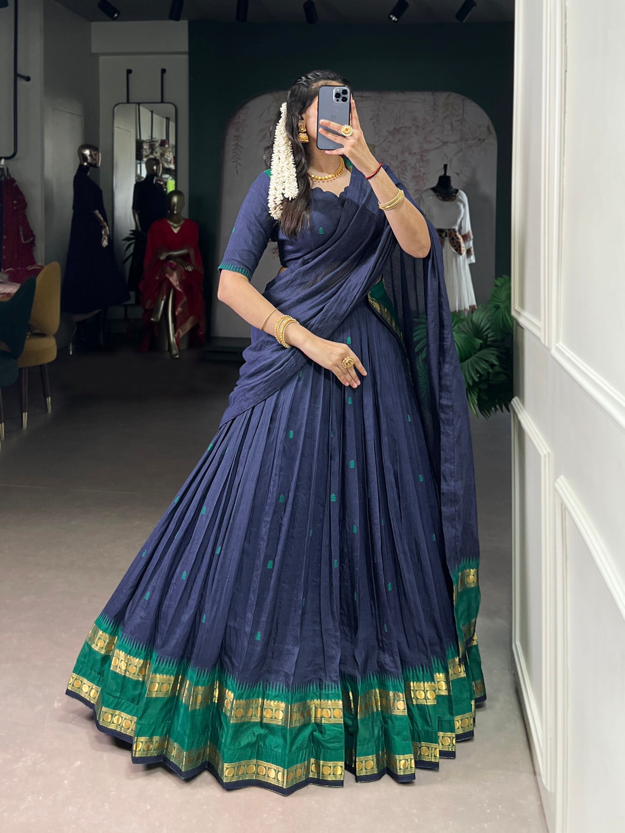 Lorenvalley Fashion Navy Blue Pure Chanderi Zari Weaving Work Lehenga Choli with Dupatta - Distacart
