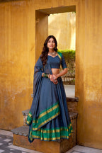 Lorenvalley Fashion Navy Blue Pure Chanderi Zari Weaving Work Lehenga Choli with Dupatta - Distacart