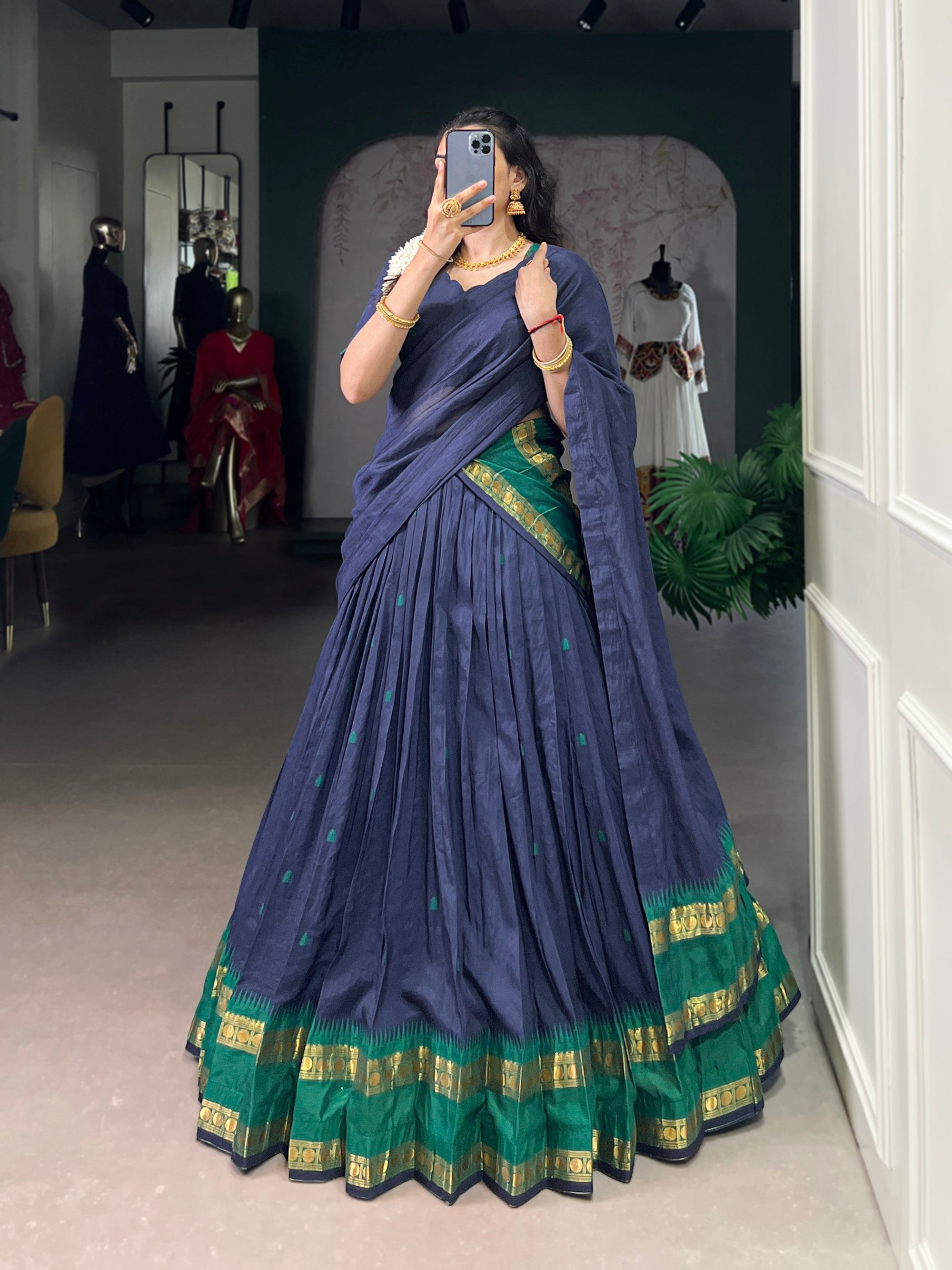Lorenvalley Fashion Navy Blue Pure Chanderi Zari Weaving Work Lehenga Choli with Dupatta - Distacart