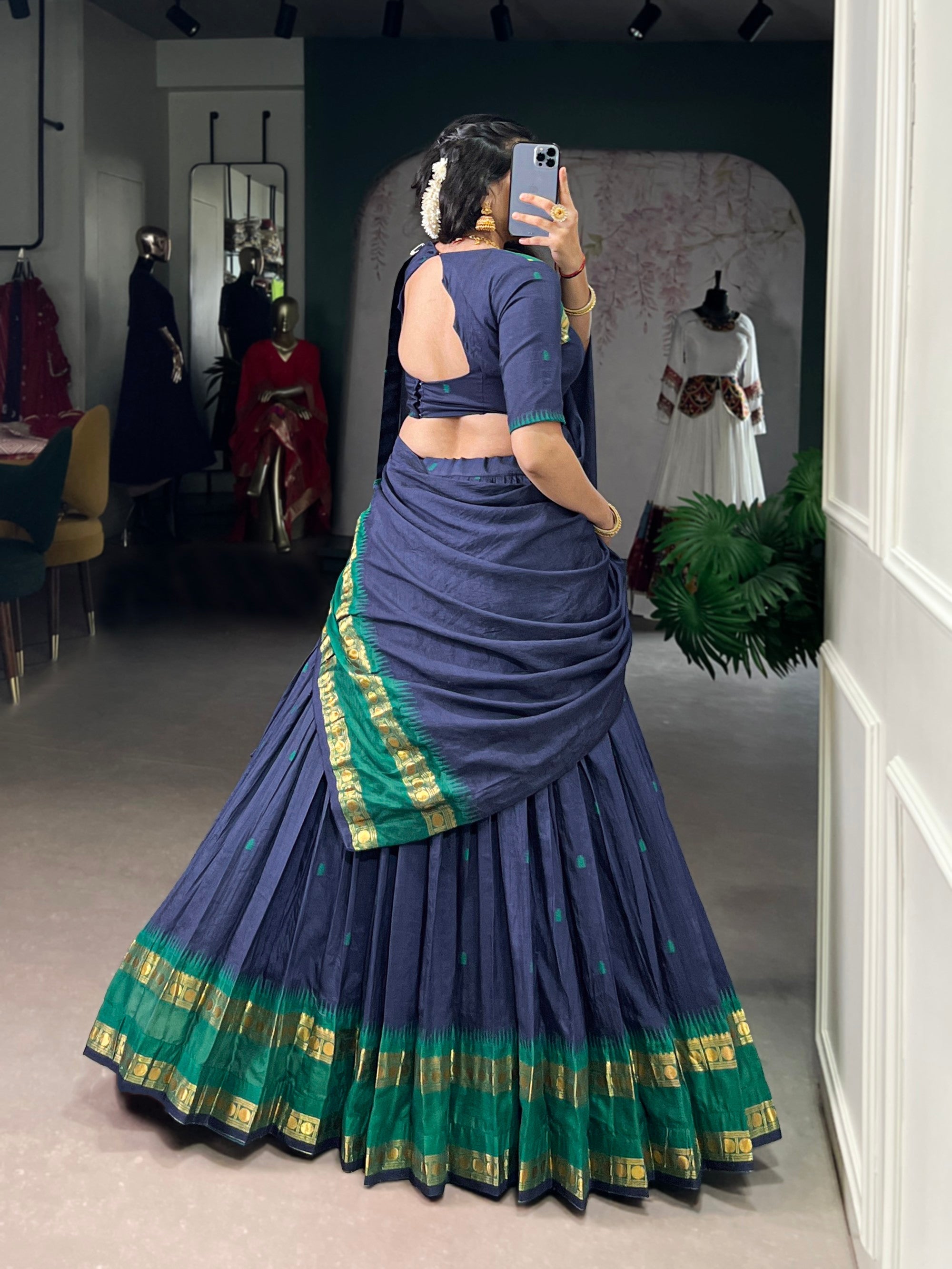 Lorenvalley Fashion Navy Blue Pure Chanderi Zari Weaving Work Lehenga Choli with Dupatta - Distacart