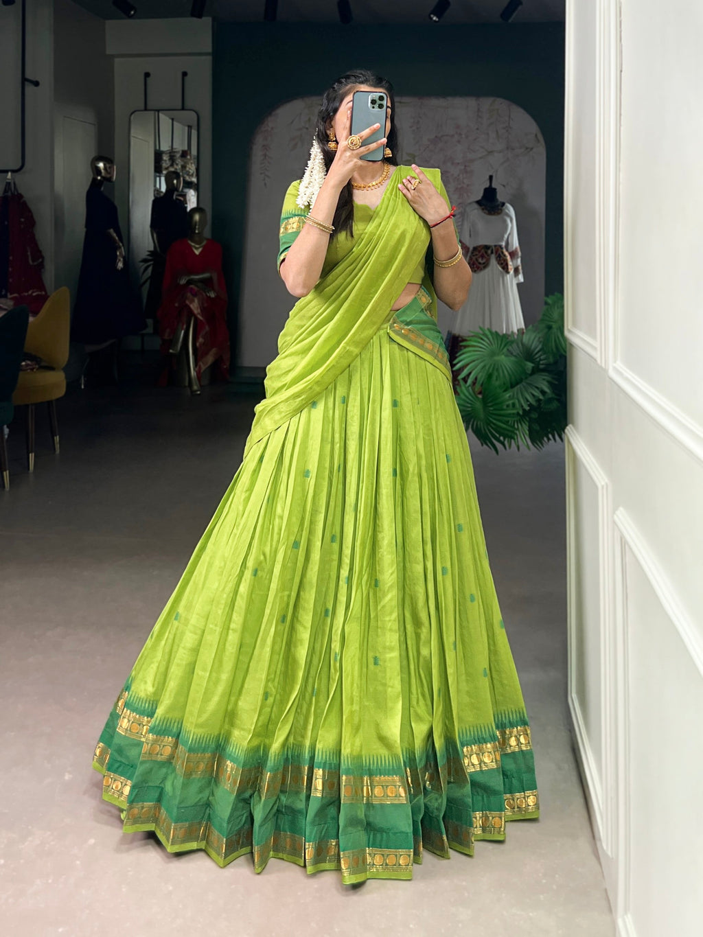 Lorenvalley Fashion Parrot Green Pure Chanderi Zari Weaving Work Lehenga Choli with Dupatta - Distacart