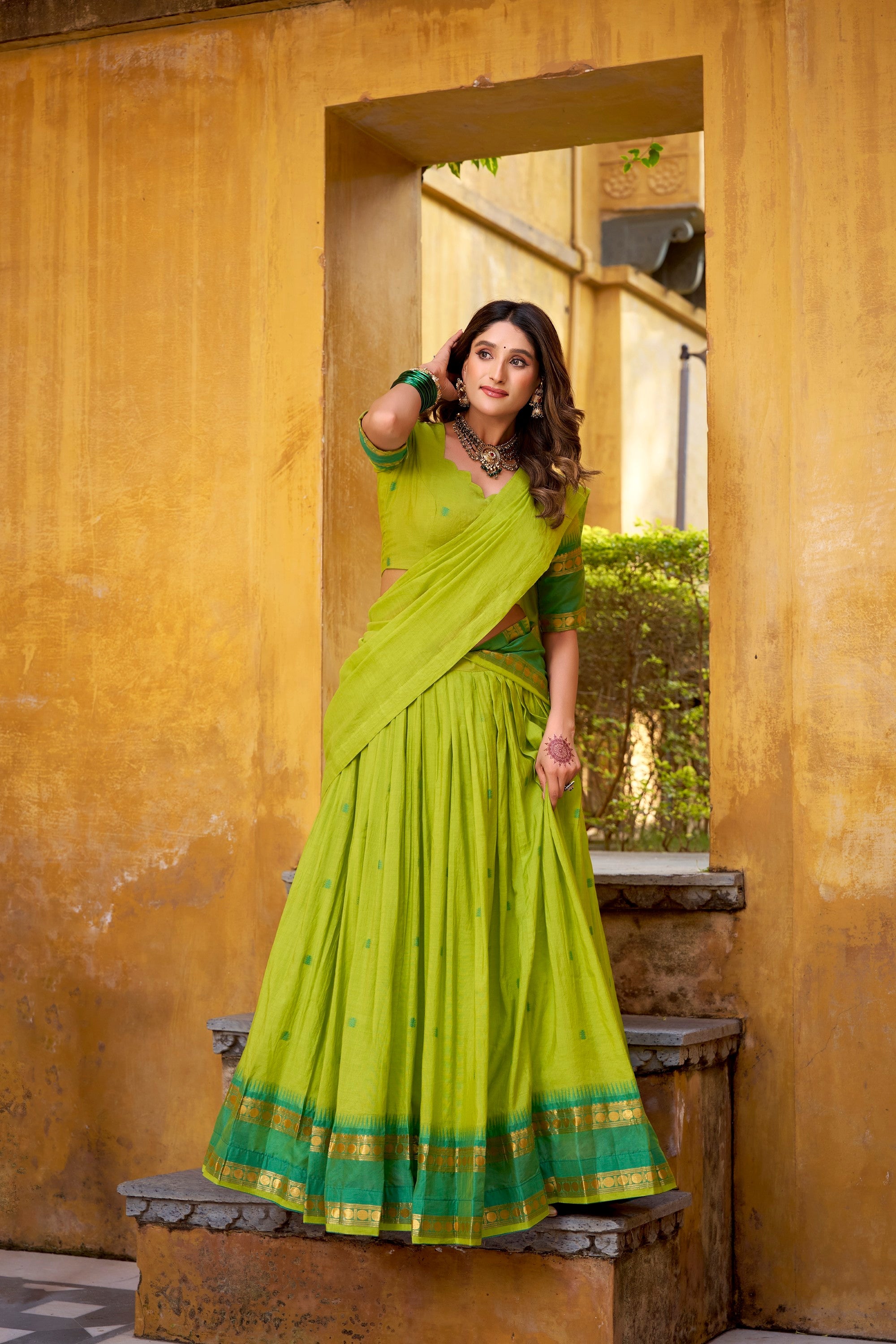 Lorenvalley Fashion Parrot Green Pure Chanderi Zari Weaving Work Lehenga Choli with Dupatta - Distacart