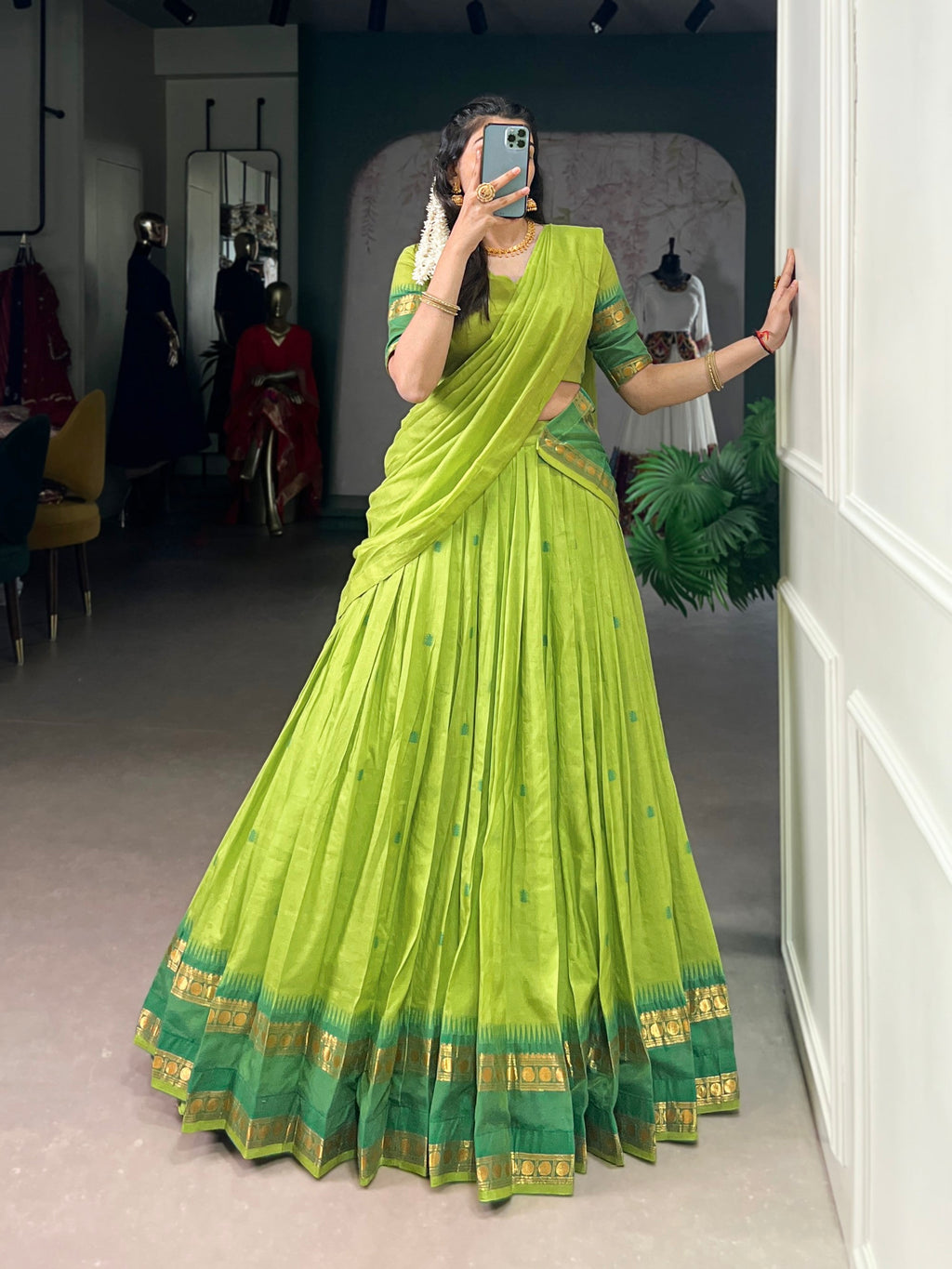 Lorenvalley Fashion Parrot Green Pure Chanderi Zari Weaving Work Lehenga Choli with Dupatta - Distacart