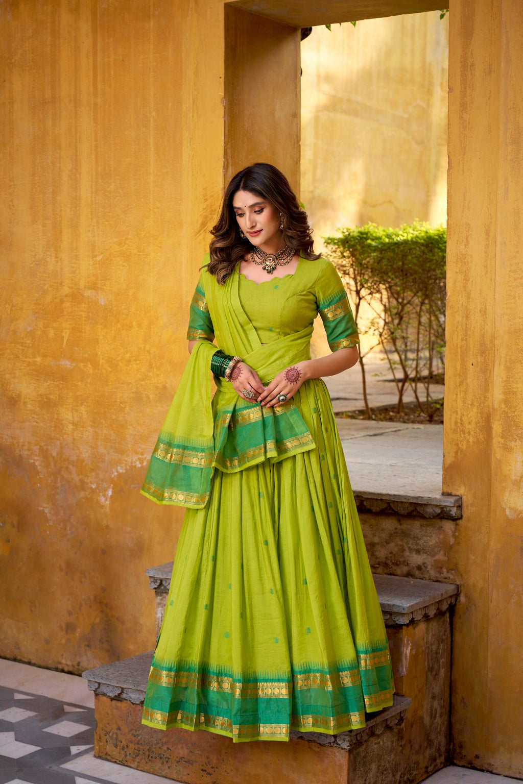 Lorenvalley Fashion Parrot Green Pure Chanderi Zari Weaving Work Lehenga Choli with Dupatta - Distacart
