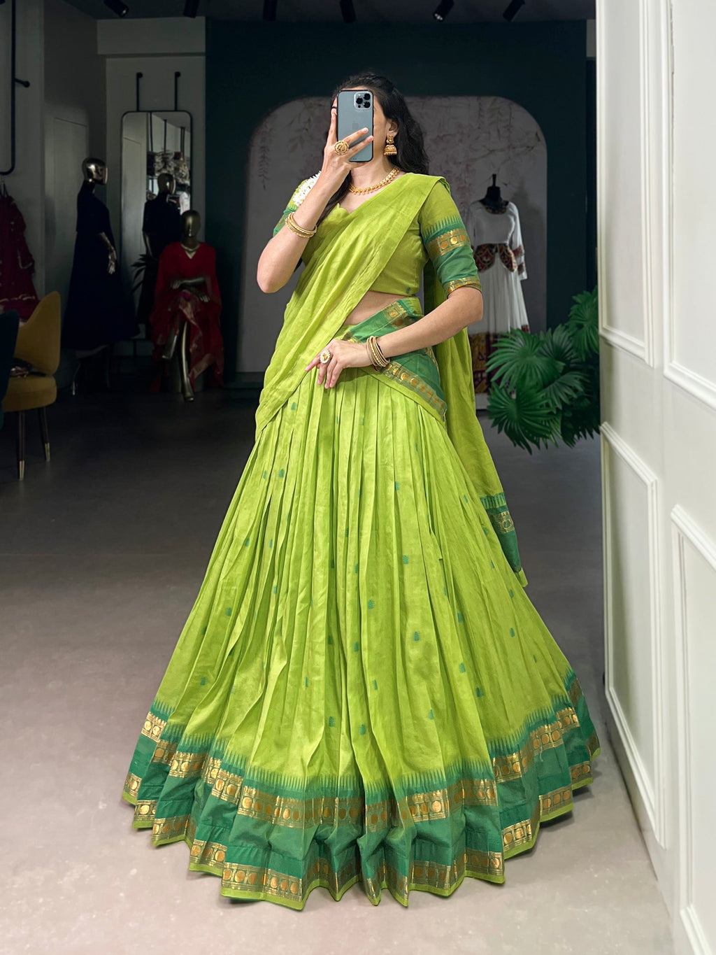 Lorenvalley Fashion Parrot Green Pure Chanderi Zari Weaving Work Lehenga Choli with Dupatta - Distacart