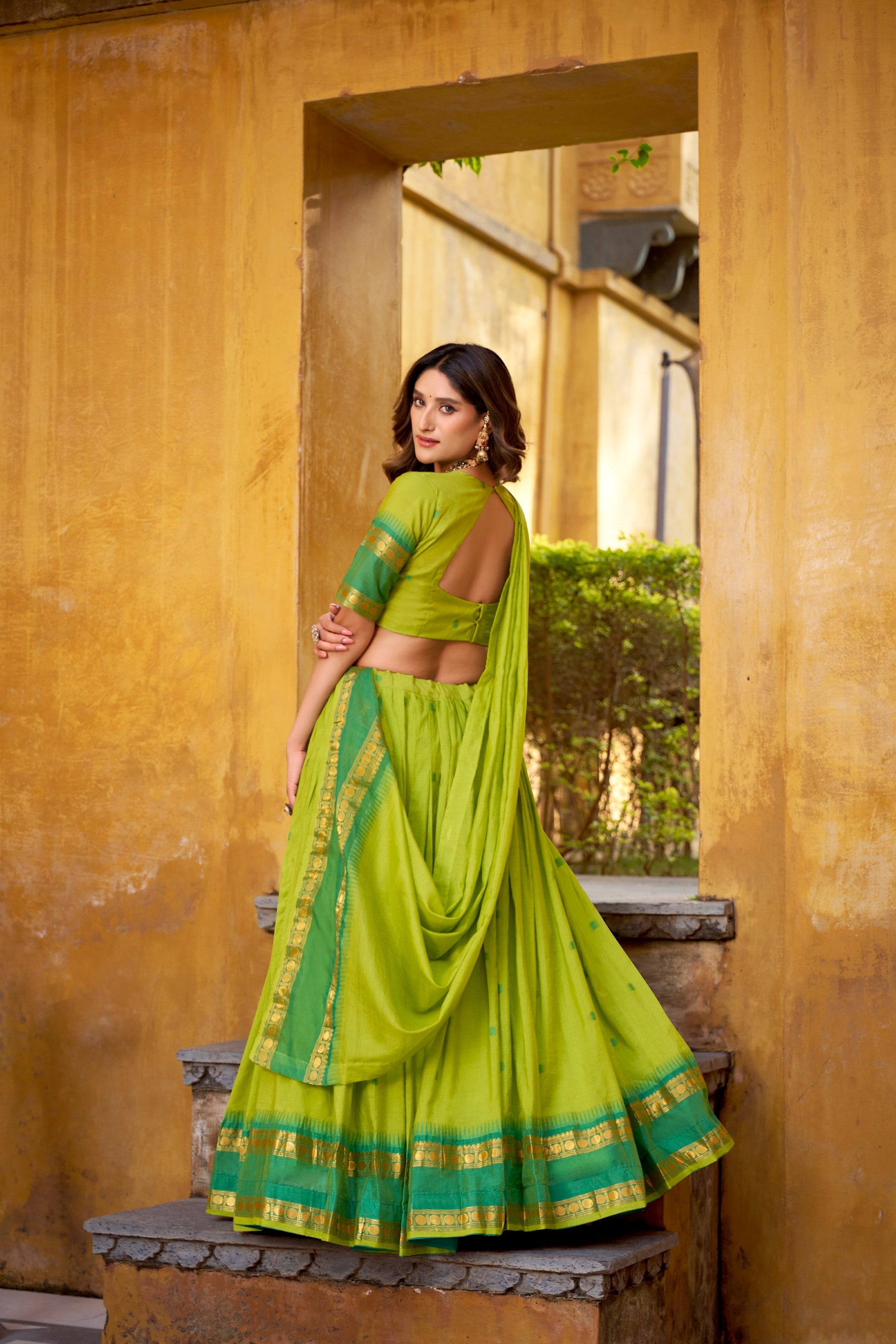 Lorenvalley Fashion Parrot Green Pure Chanderi Zari Weaving Work Lehenga Choli with Dupatta - Distacart