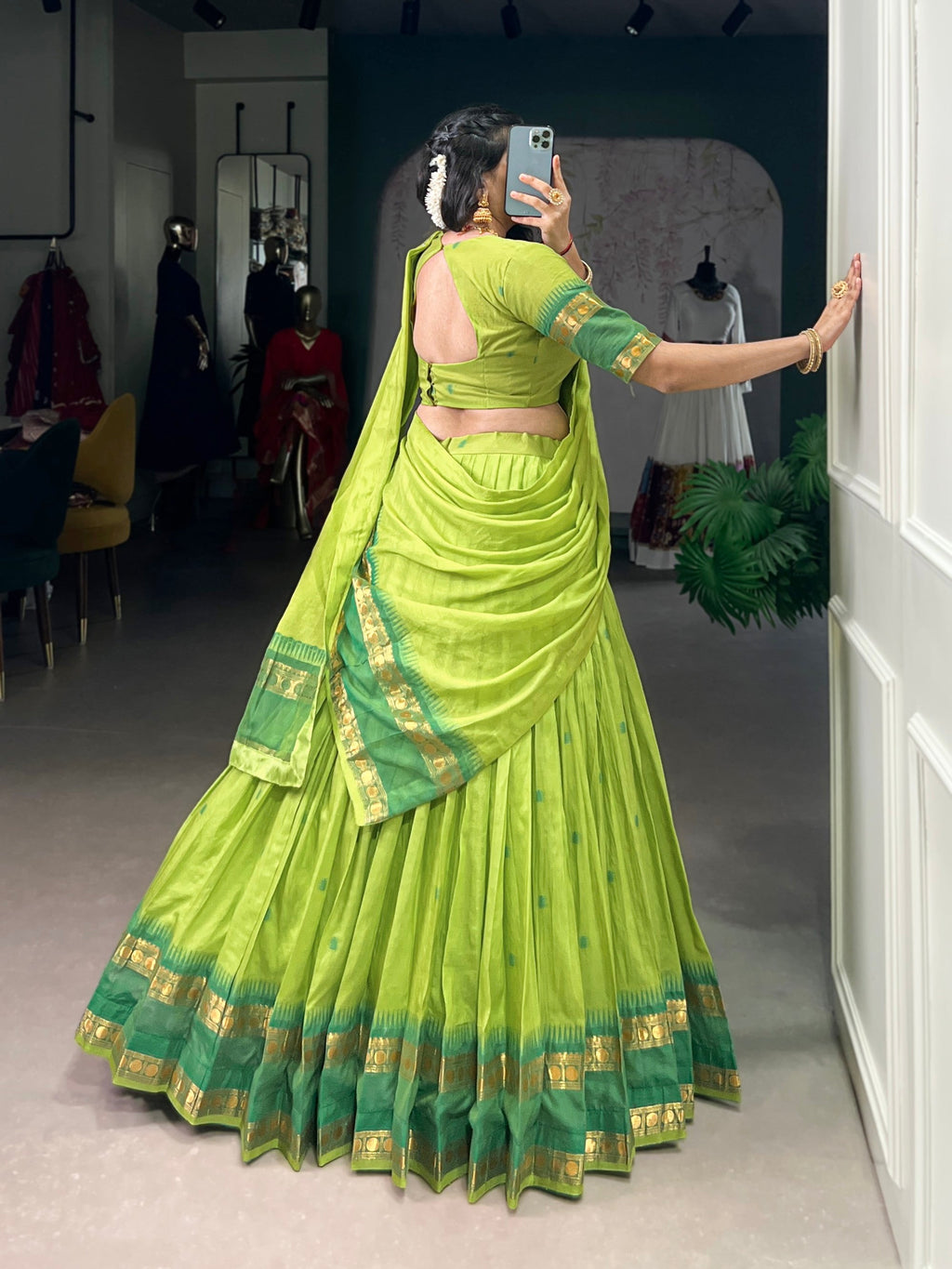 Lorenvalley Fashion Parrot Green Pure Chanderi Zari Weaving Work Lehenga Choli with Dupatta - Distacart