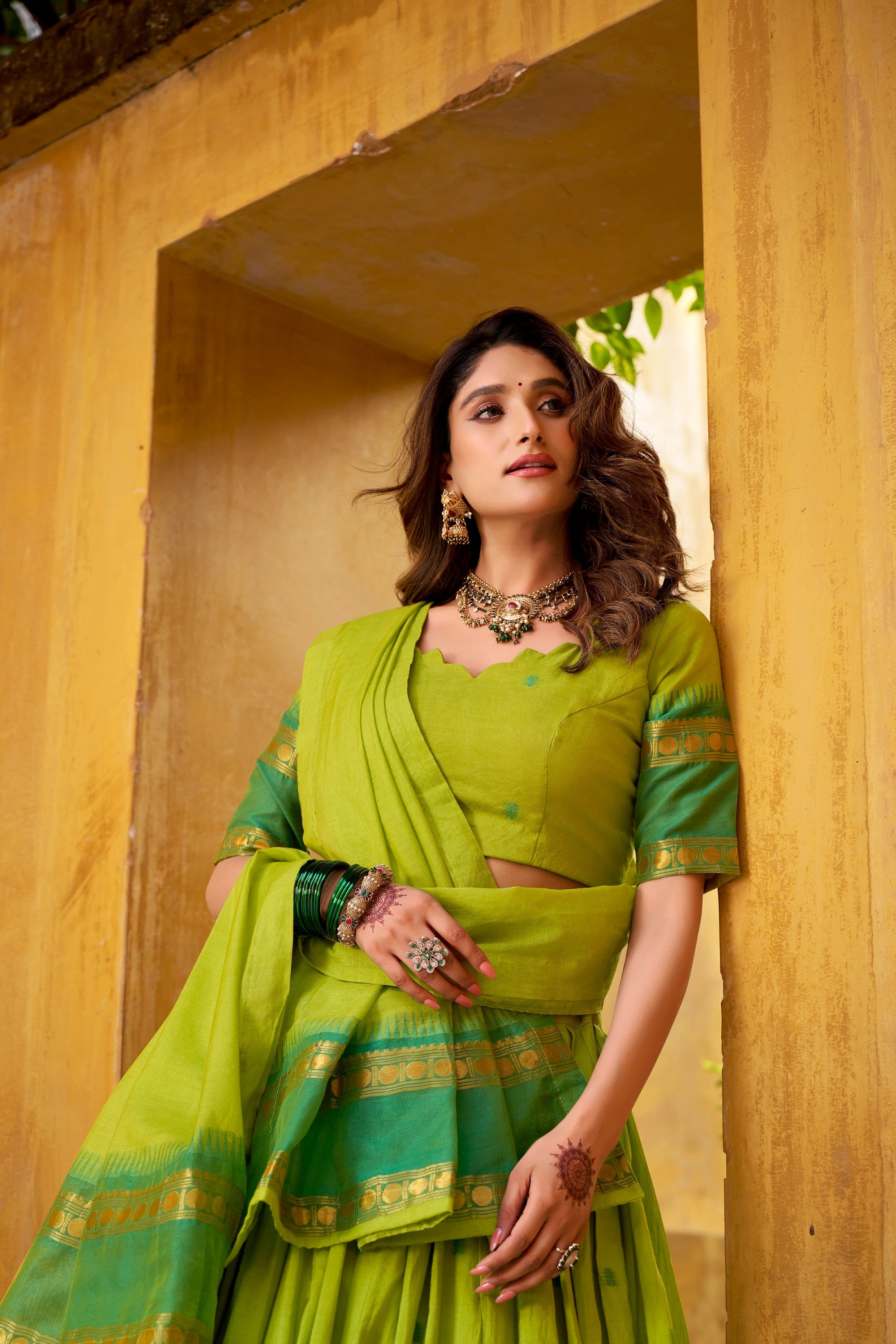 Lorenvalley Fashion Parrot Green Pure Chanderi Zari Weaving Work Lehenga Choli with Dupatta - Distacart