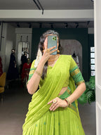 Lorenvalley Fashion Parrot Green Pure Chanderi Zari Weaving Work Lehenga Choli with Dupatta - Distacart