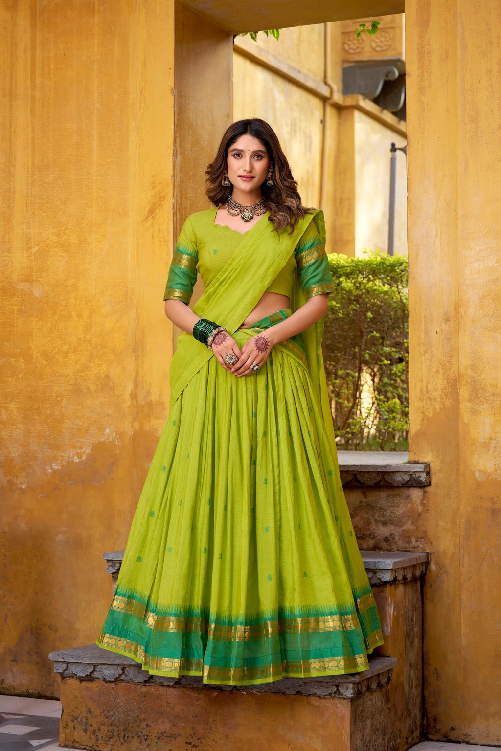 Lorenvalley Fashion Parrot Green Pure Chanderi Zari Weaving Work Lehenga Choli with Dupatta - Distacart