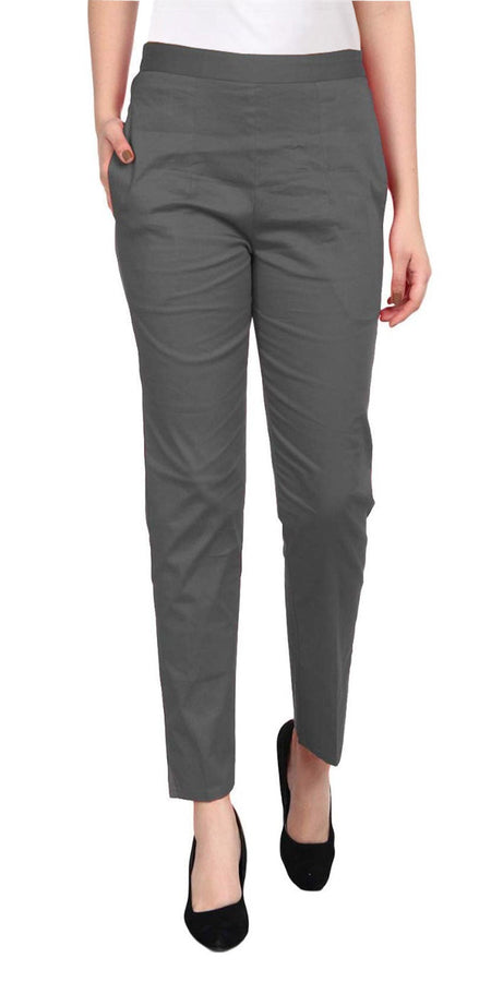 PAVONINE Grey Color Stretchable Cotton Lycra Fabric Pencil Pant For Women