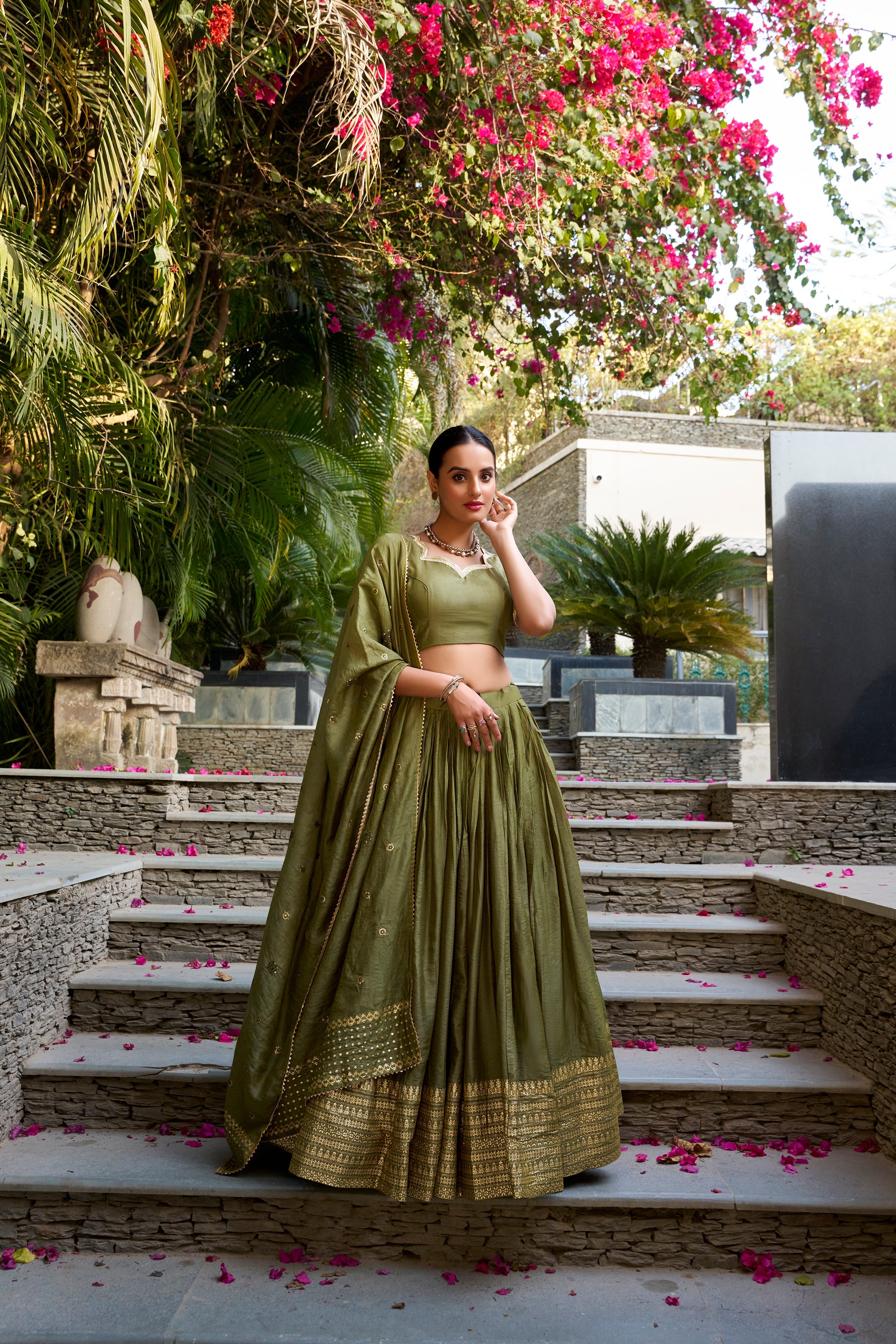 Lorenvalley Mehendi Pure Chanderi Plain With Zari Weaving Work Border Lehenga Choli