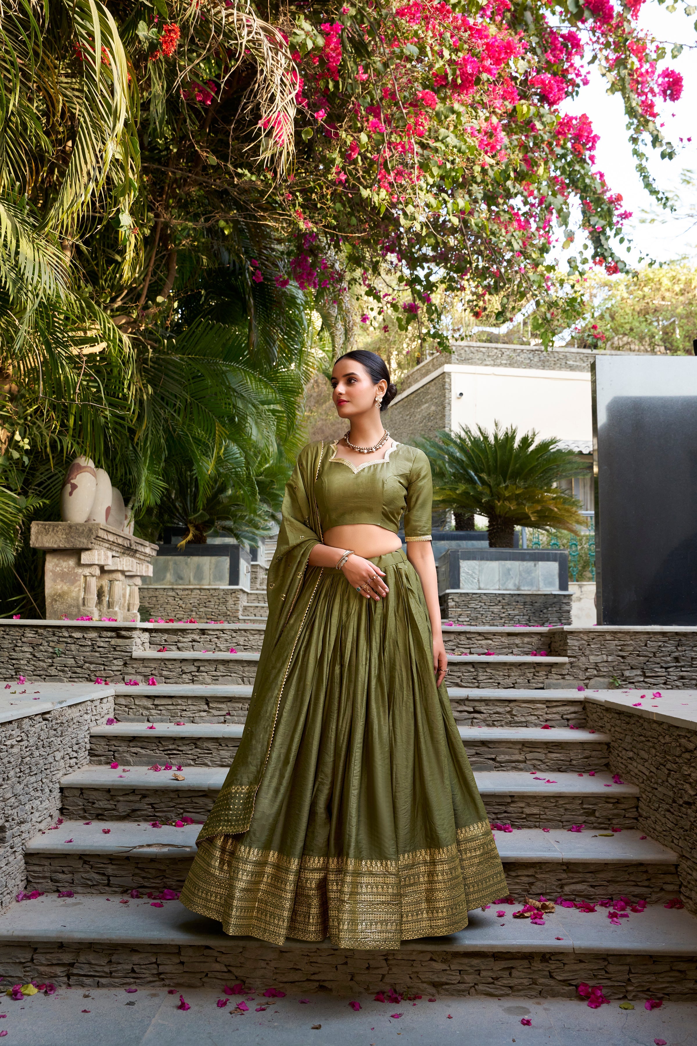 Lorenvalley Mehendi Pure Chanderi Plain With Zari Weaving Work Border Lehenga Choli
