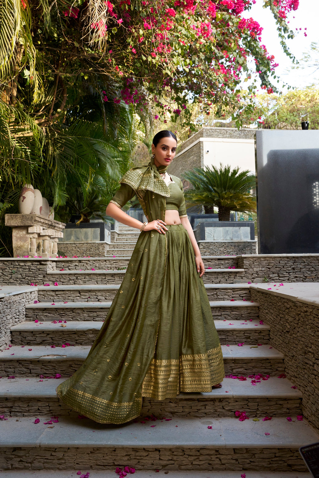 Lorenvalley Mehendi Pure Chanderi Plain With Zari Weaving Work Border Lehenga Choli