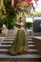 Lorenvalley Mehendi Pure Chanderi Plain With Zari Weaving Work Border Lehenga Choli