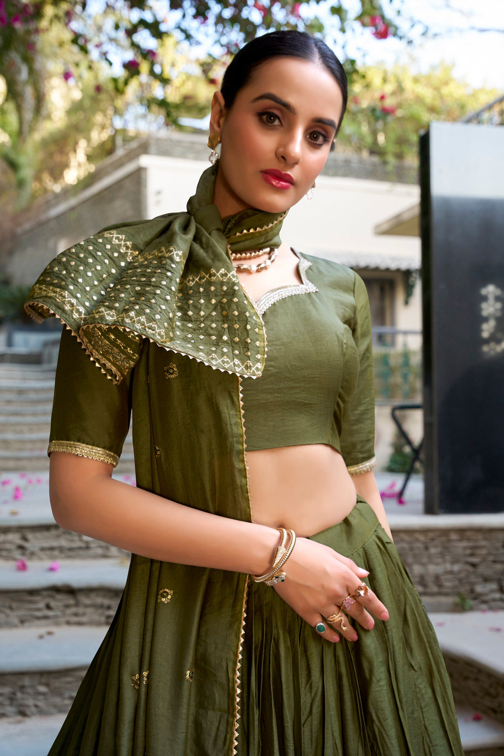 Lorenvalley Mehendi Pure Chanderi Plain With Zari Weaving Work Border Lehenga Choli