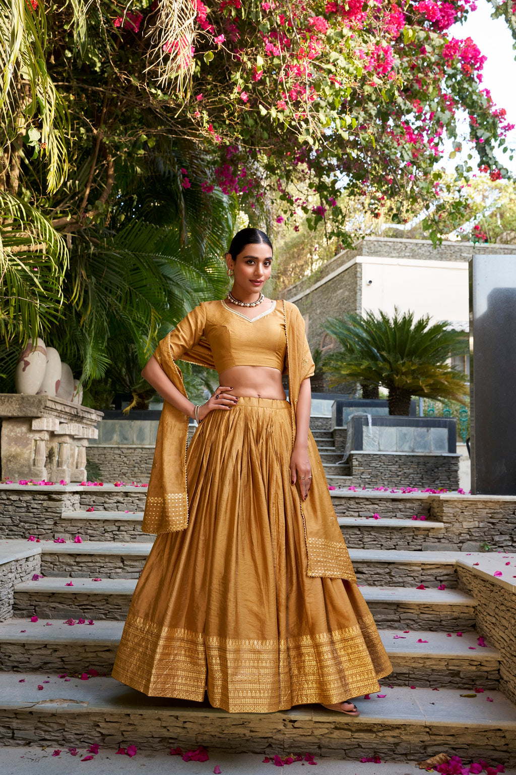 Lorenvalley Mustard Pure Chanderi Plain With Zari Weaving Work Border Lehenga Choli