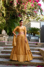 Lorenvalley Mustard Pure Chanderi Plain With Zari Weaving Work Border Lehenga Choli