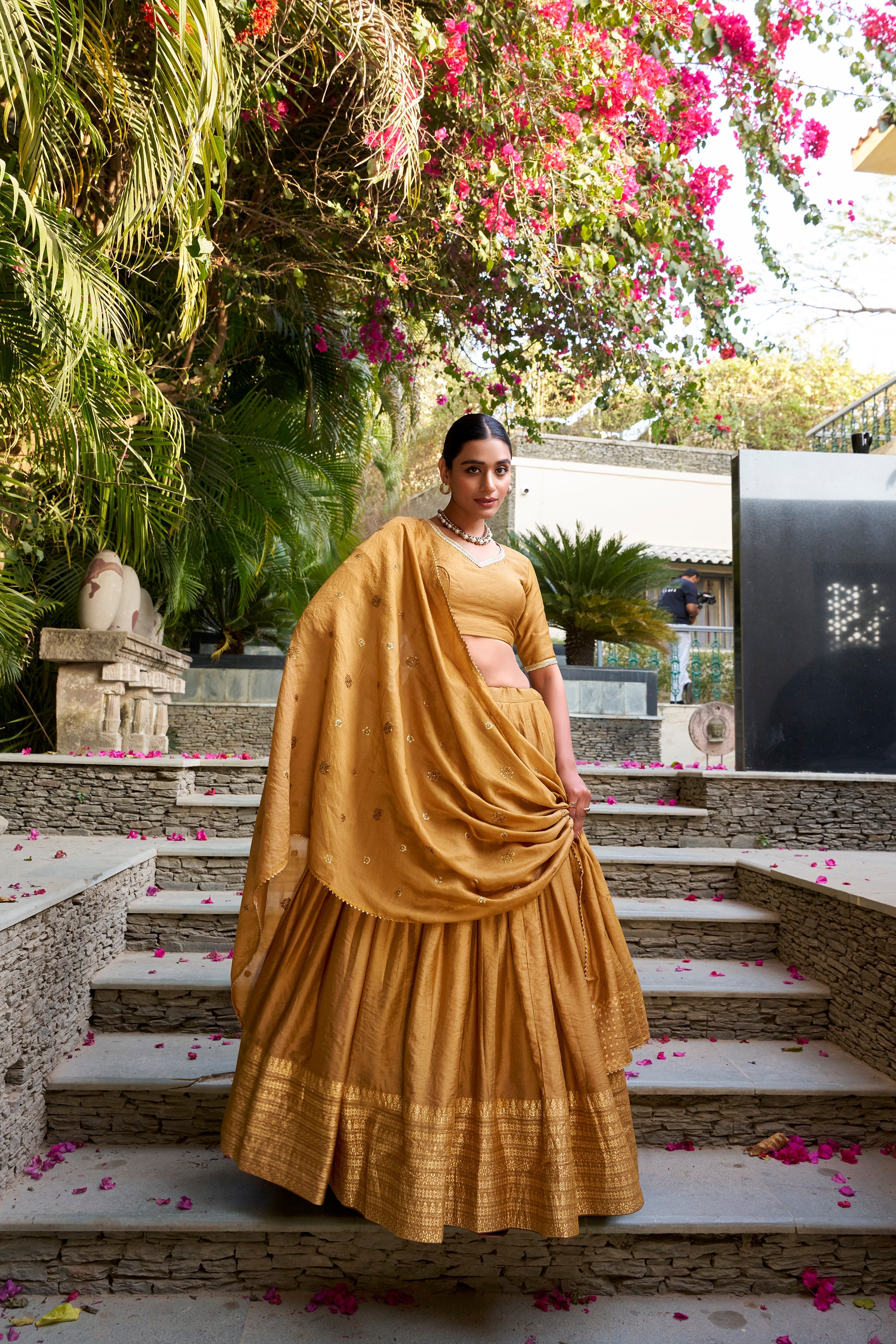 Lorenvalley Mustard Pure Chanderi Plain With Zari Weaving Work Border Lehenga Choli