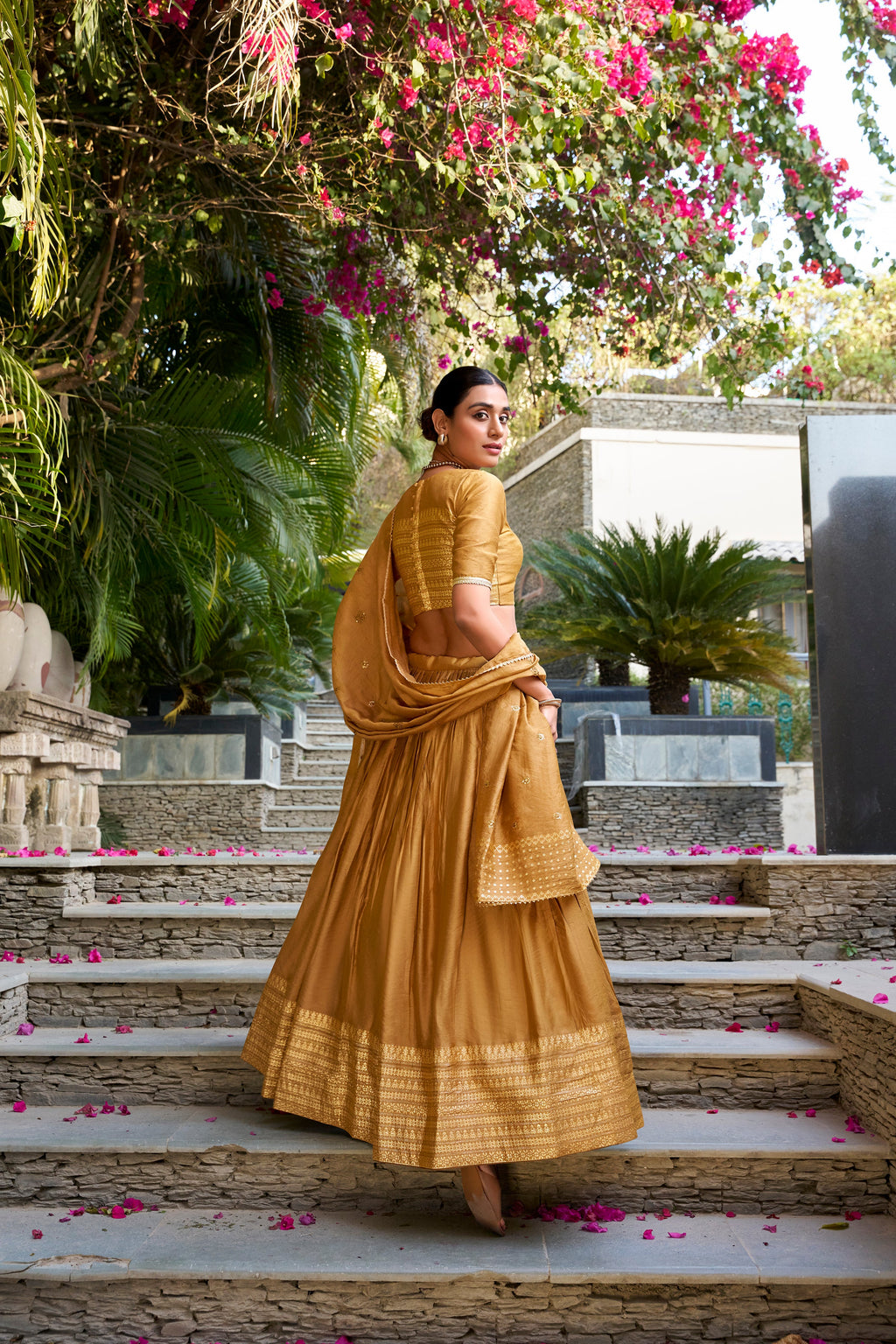 Lorenvalley Mustard Pure Chanderi Plain With Zari Weaving Work Border Lehenga Choli