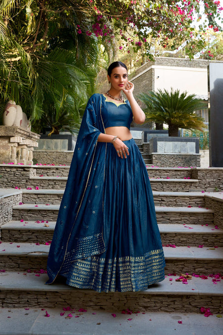 Evanik Women Pure Chanderi Plain With Zari Weaving Work Border Stitched Lehenga With Unstitched Blouse Dupatta