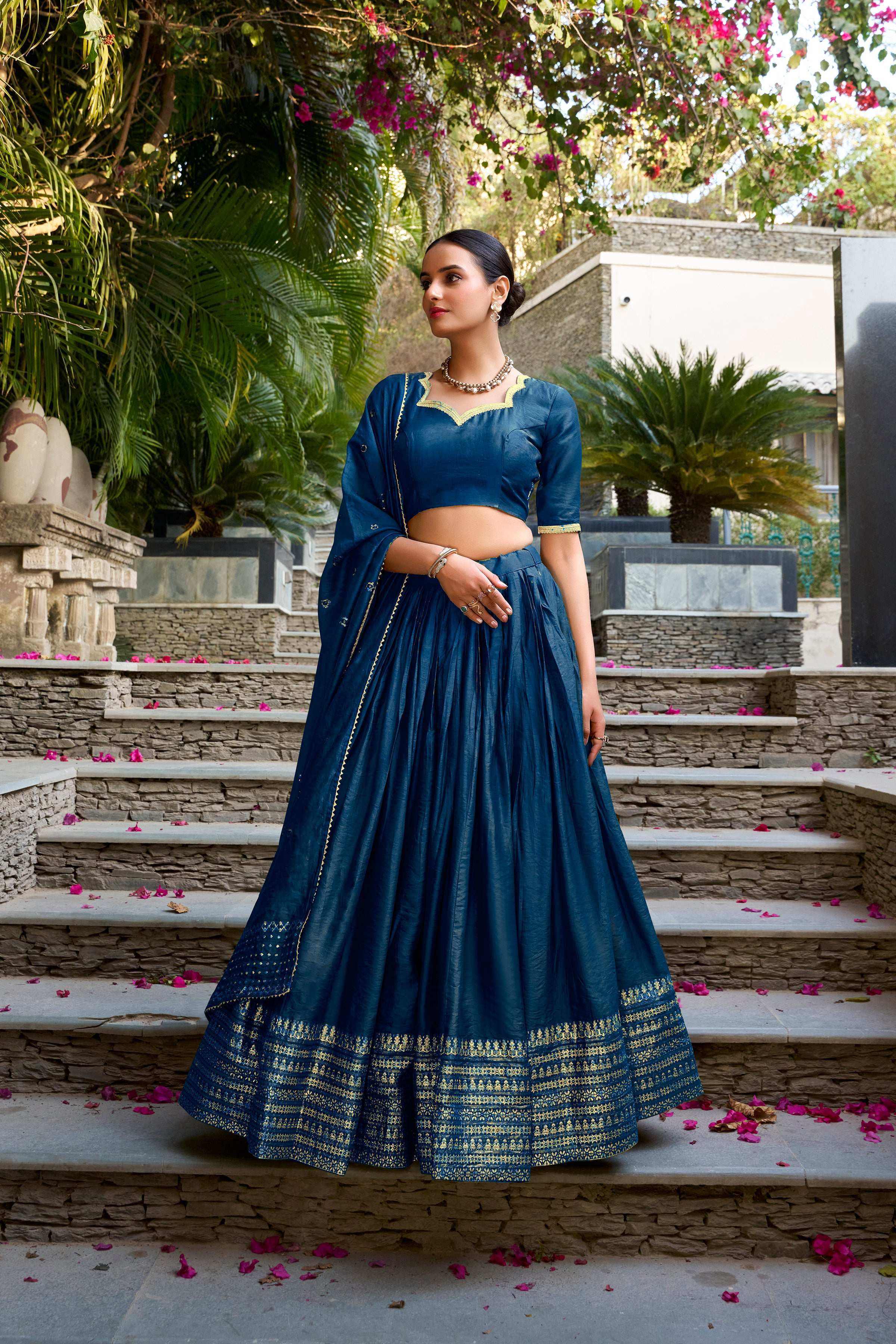 Evanik Women Pure Chanderi Plain With Zari Weaving Work Border Stitched Lehenga With Unstitched Blouse Dupatta - Distacart