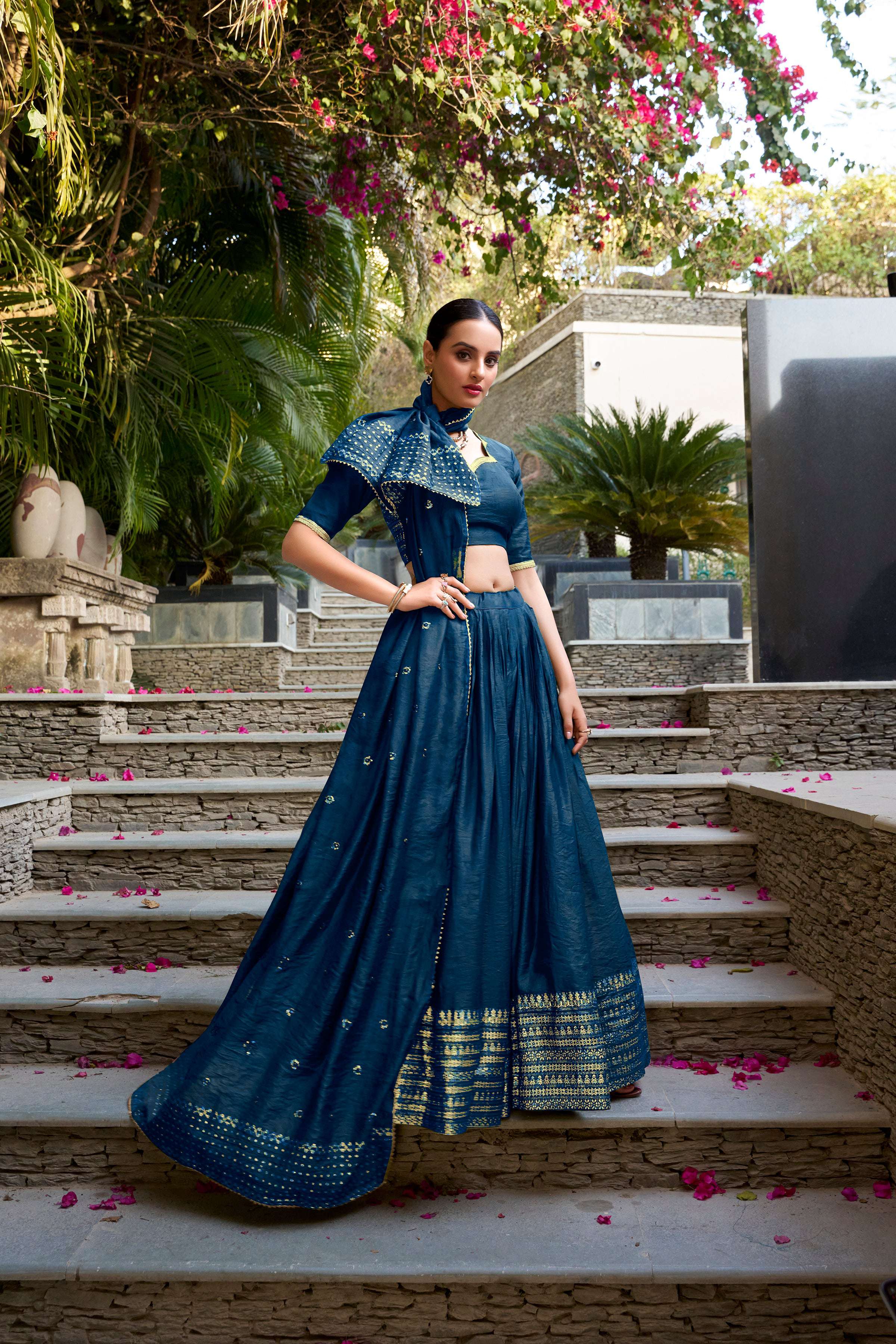 Evanik Women Pure Chanderi Plain With Zari Weaving Work Border Stitched Lehenga With Unstitched Blouse Dupatta - Distacart