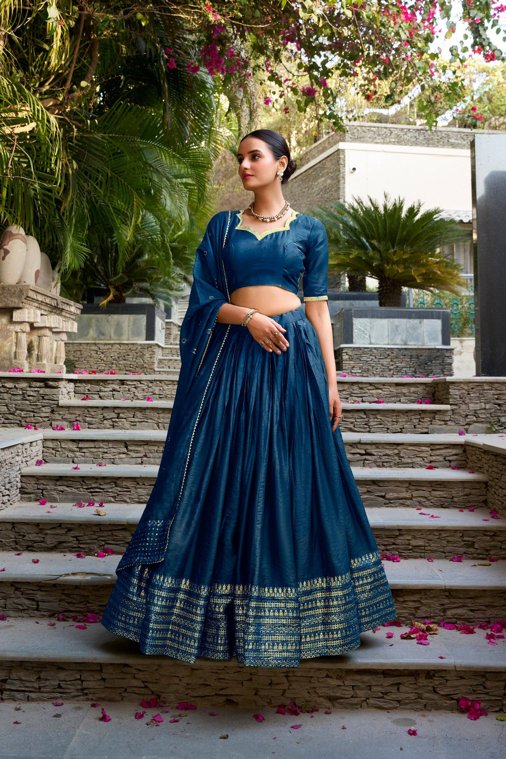 Lorenvalley Fashion Navy Blue Pure Chanderi Plain With Zari Weaving Work Border Lehenga Choli with Dupatta - Distacart