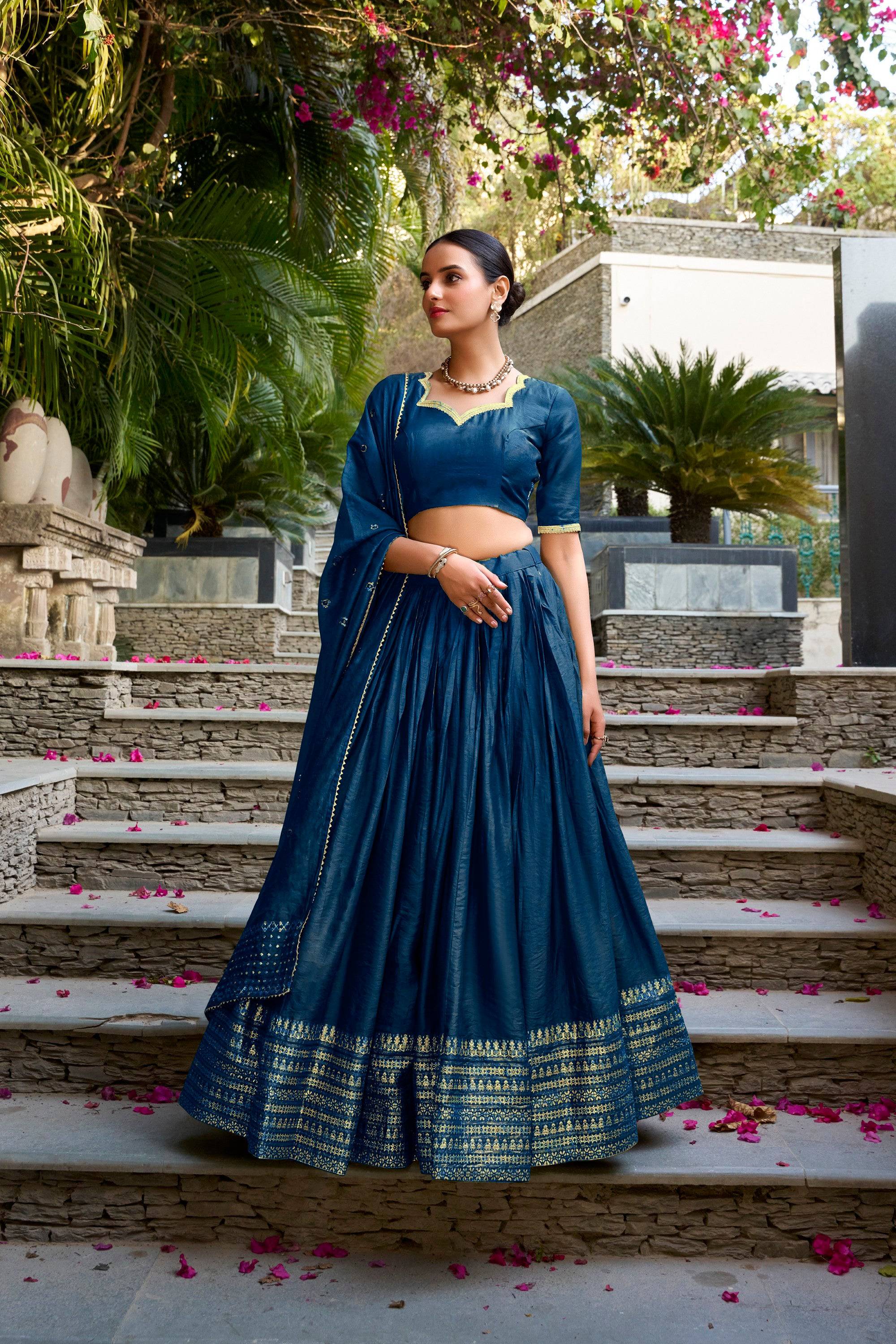 Lorenvalley Fashion Navy Blue Pure Chanderi Plain With Zari Weaving Work Border Lehenga Choli with Dupatta - Distacart