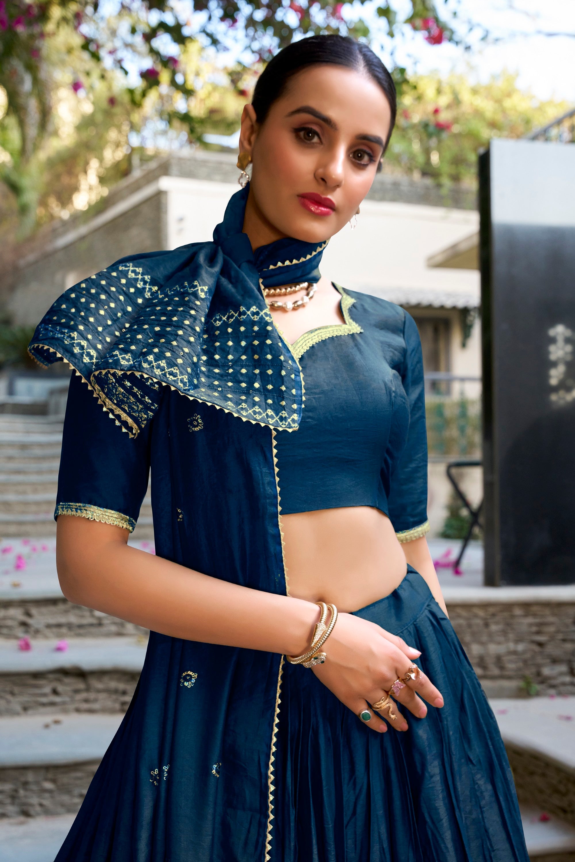 Lorenvalley Fashion Navy Blue Pure Chanderi Plain With Zari Weaving Work Border Lehenga Choli with Dupatta - Distacart