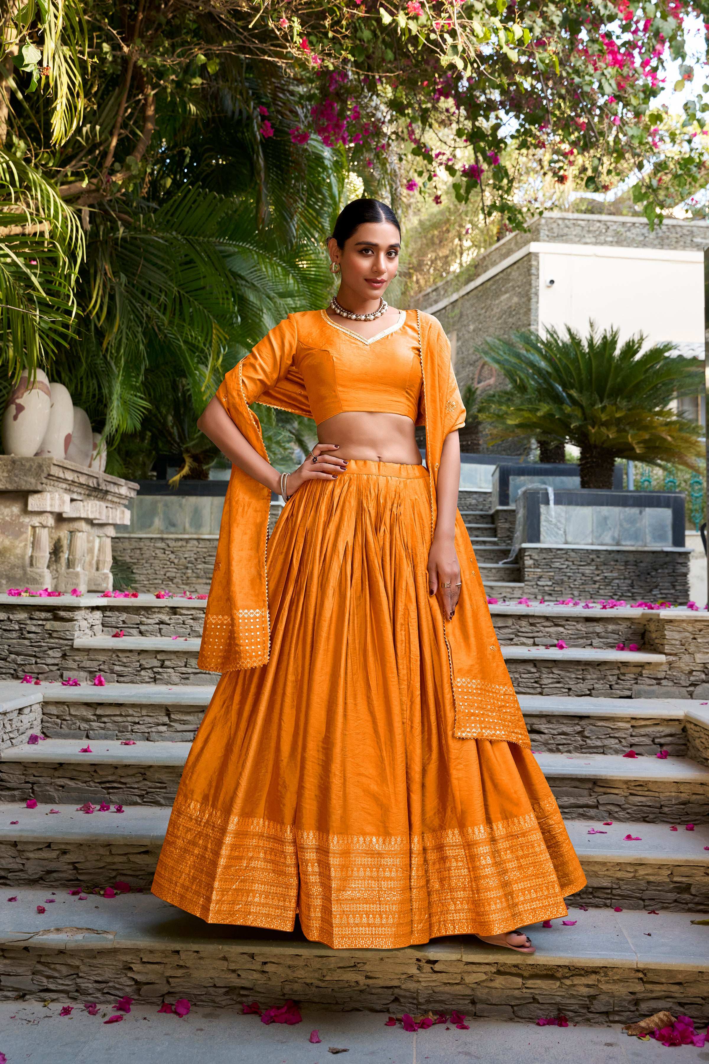 Evanik Women Pure Chanderi Plain With Zari Weaving Work Border Stitched Lehenga With Unstitched Blouse Dupatta - Distacart