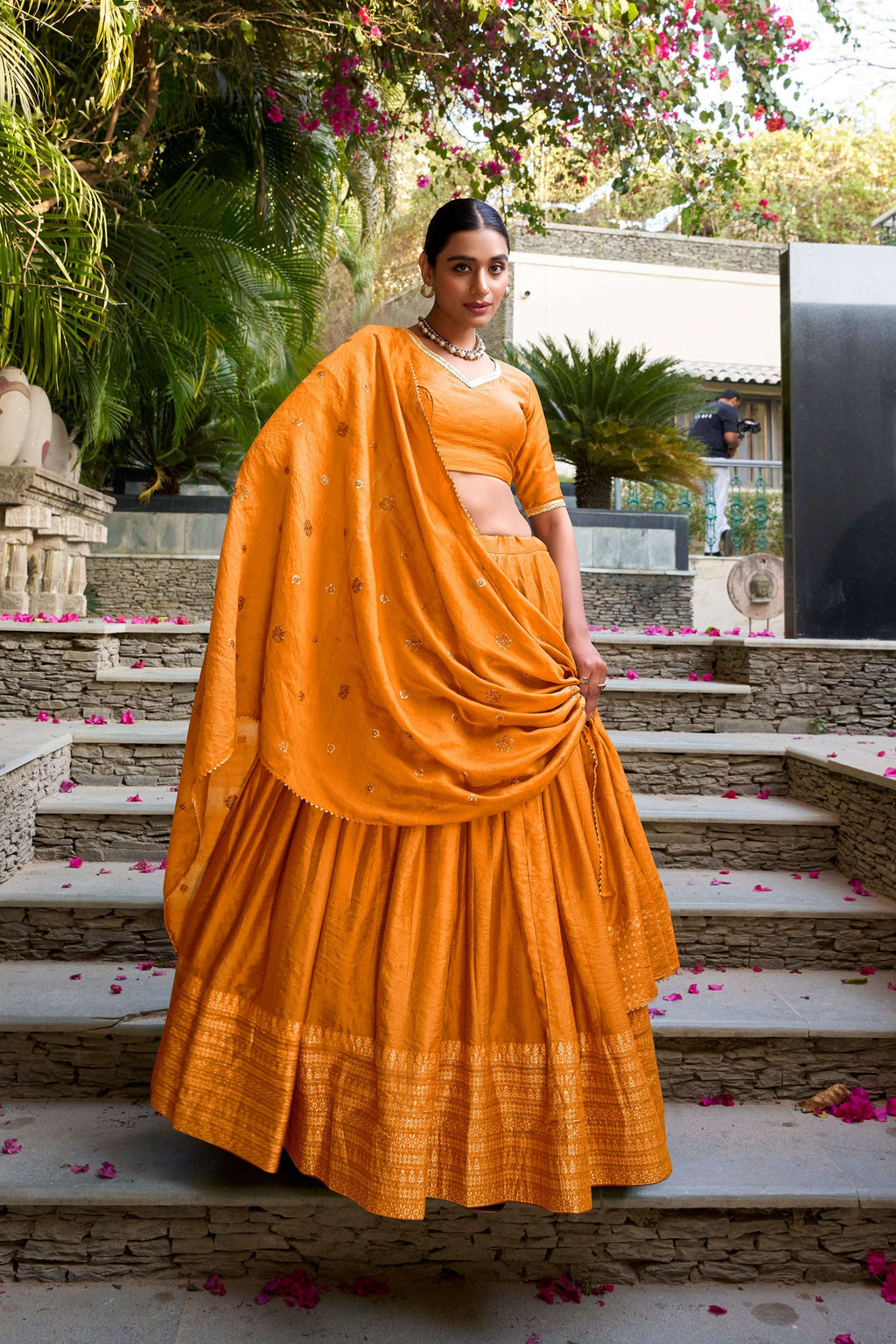 Evanik Women Pure Chanderi Plain With Zari Weaving Work Border Stitched Lehenga With Unstitched Blouse Dupatta - Distacart