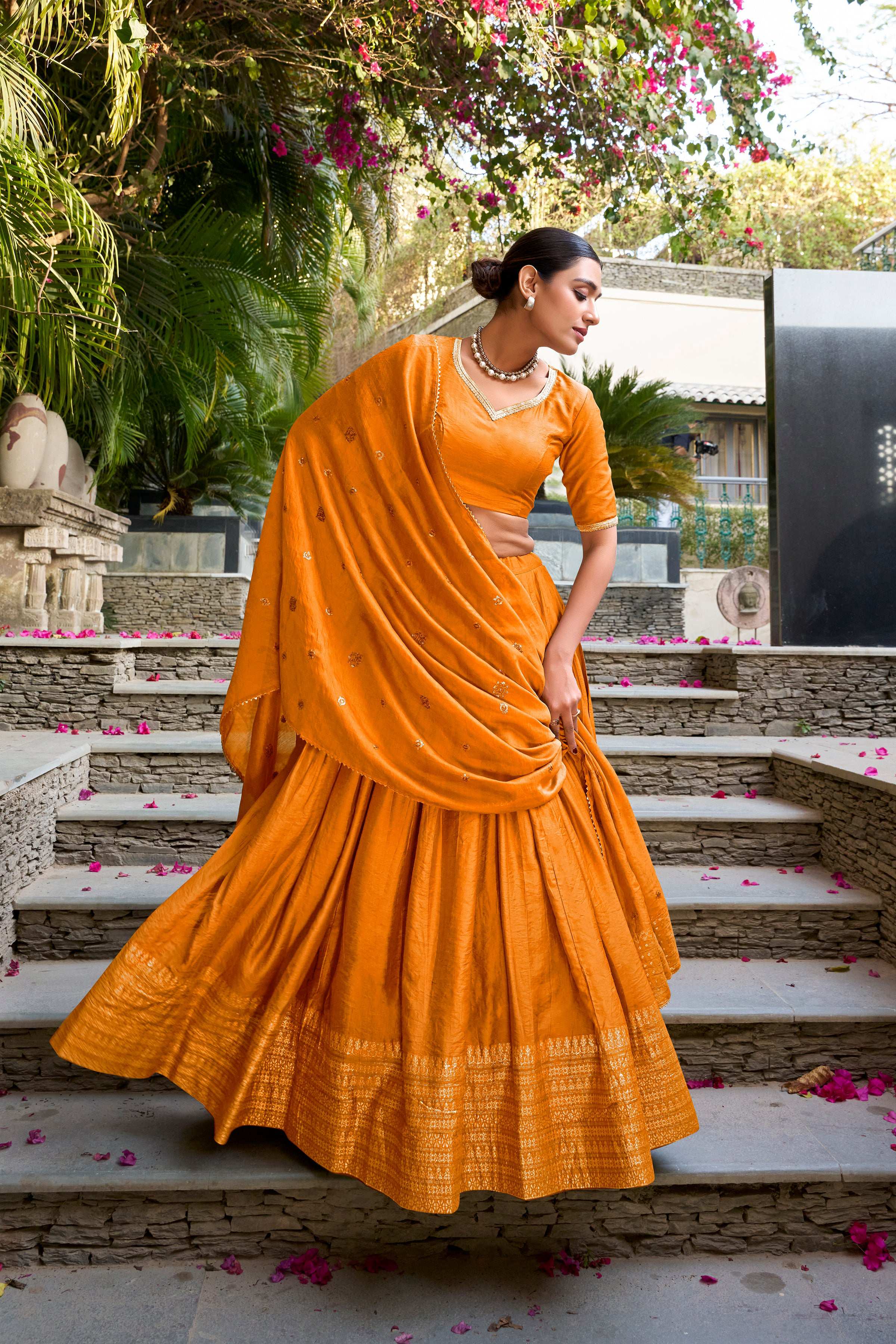Evanik Women Pure Chanderi Plain With Zari Weaving Work Border Stitched Lehenga With Unstitched Blouse Dupatta - Distacart