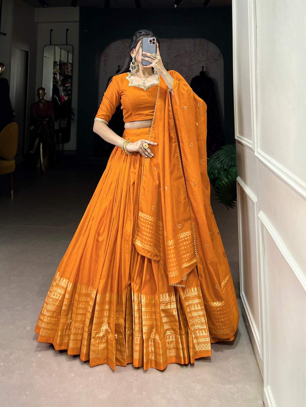 Lorenvalley Fashion Orange Pure Chanderi Plain With Zari Weaving Work Border Lehenga Choli with Dupatta - Distacart