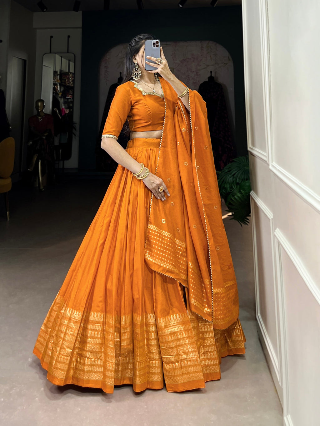 Lorenvalley Fashion Orange Pure Chanderi Plain With Zari Weaving Work Border Lehenga Choli with Dupatta - Distacart