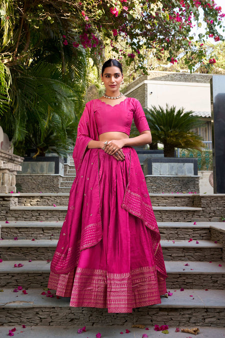 Evanik Women Pure Chanderi Plain With Zari Weaving Work Border Stitched Lehenga With Unstitched Blouse Dupatta