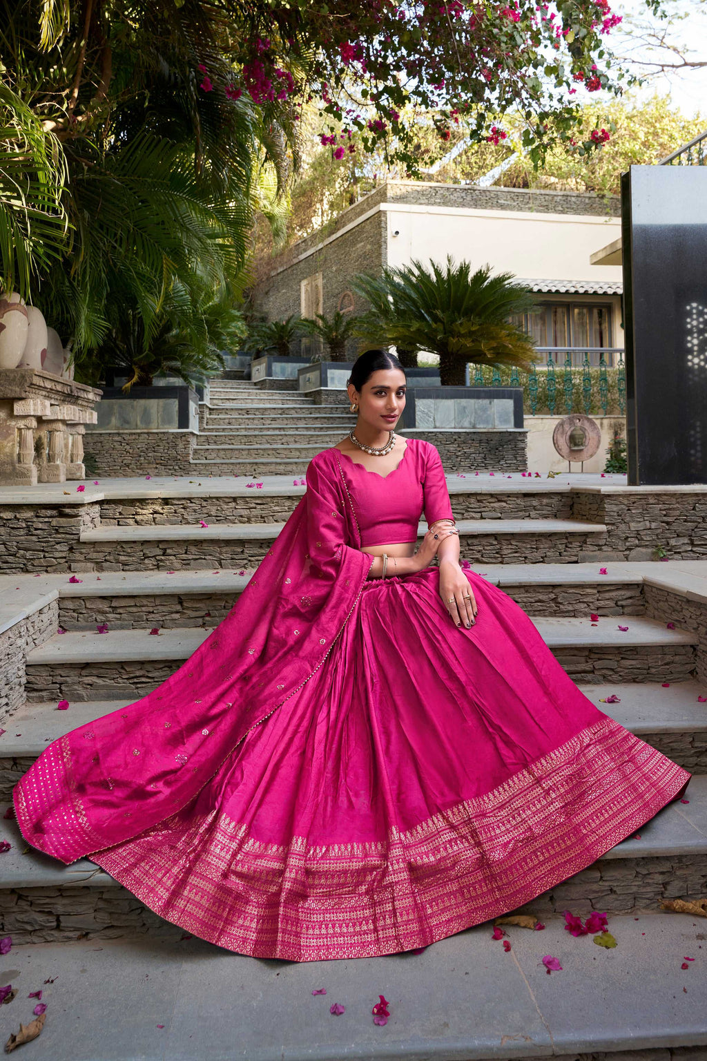 Evanik Women Pure Chanderi Plain With Zari Weaving Work Border Stitched Lehenga With Unstitched Blouse Dupatta - Distacart