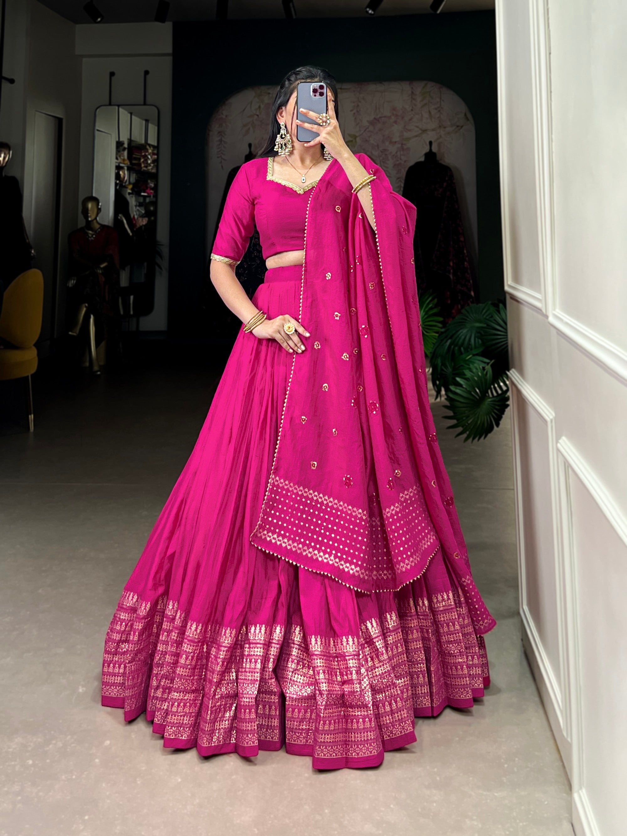 Lorenvalley Fashion Pink Pure Chanderi Plain With Zari Weaving Work Border Lehenga Choli with Dupatta - Distacart