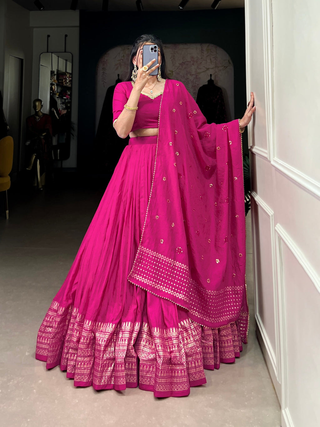 Lorenvalley Fashion Pink Pure Chanderi Plain With Zari Weaving Work Border Lehenga Choli with Dupatta - Distacart